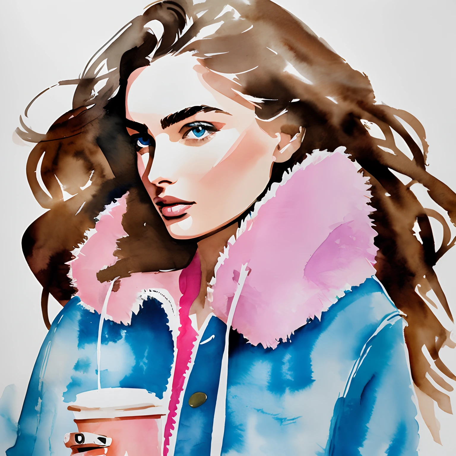 David Downton fashion illustration watercolor, light brown blonde thin hair 1woman, blue eyes, Andreea Diaconu, fluffy pink sweater, light blue trendy denim jacket, apple green tea, Paris street, lilac