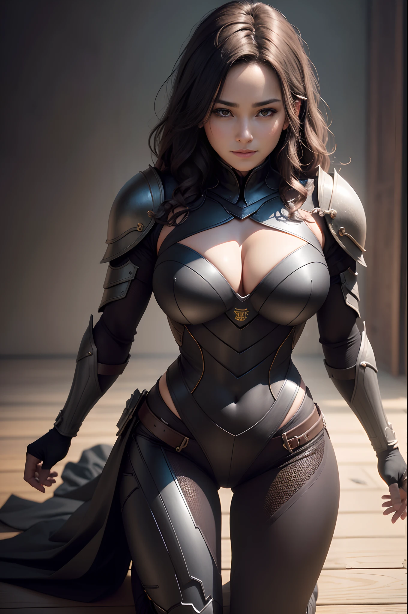 Beautiful mature brown-haired wavy female knight on all fours、Pitch black sexy chest armor、Black pants and leg armor　((Muscular and macho slim body and snug slim lower body))、A smile　Bring your big breasts closer　enticing　Emphasizes cleavage　A sexy　Photorealsitic、a picture、​masterpiece、reallistic、真实感、photorealisim、High contrast、Photorealistic Art Station Trend Digital Art 8k HD High Resolution Explanation Real, detaileds, Skin Texture, ultra-detailliert, realistic skin textures, armature, top-quality, 超A high resolution, (Photorealsitic:1.4),, hight resolution, detaileds, Raw foto, Sharp Re, Nikon D850 Film Stock Photo by Lee Jefferies 4 Kodak Portra 400 Camera F1.6 lenses rich colors hyper realistic lifelike textures dramatic lighting unreal engine artstation trends synestil 800,５Precision details of beautiful hands with fingers