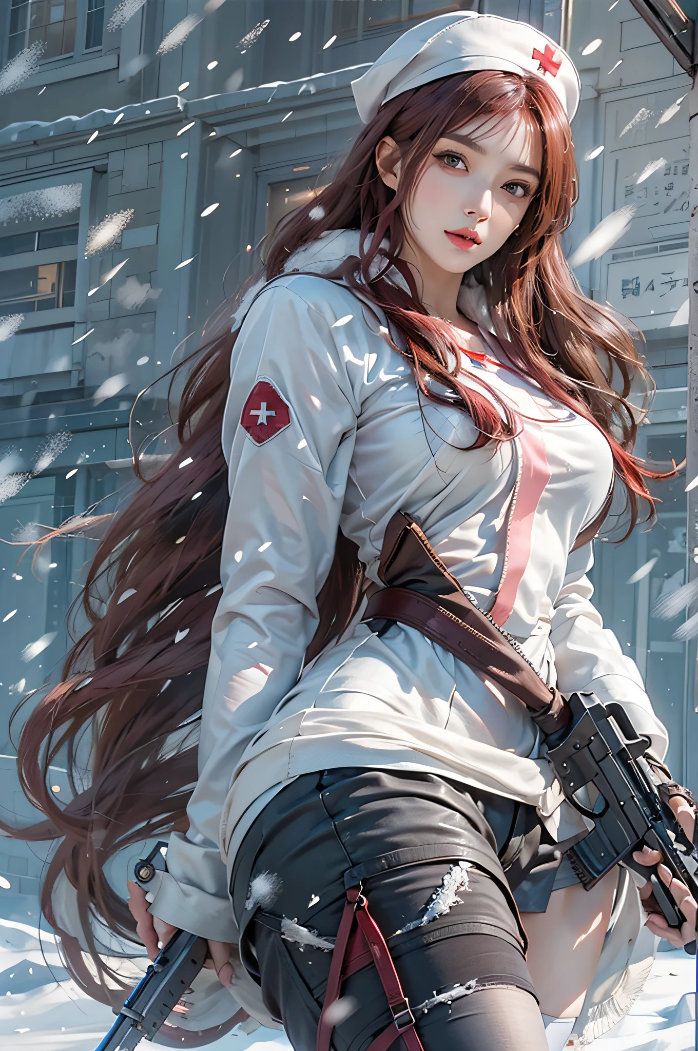 Photorealistic, high resolution, 1womanl, Solo, Hips up, view the viewer, (Detailed face),Red hair, Long hair, Nurse outfit, Stockings，Snow background, Girl aiming AK-47 assault rifle