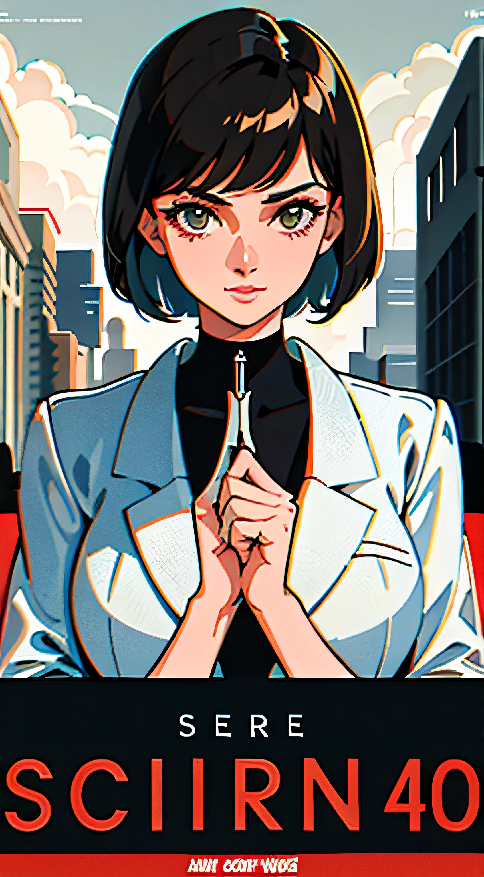 Movie Poster,Science Fiction,Sci-Fi Movies,Movie Based Foundation ,Woman,Adult,Protagonist,28 years old ,hopeful face,brown eyes,short hairstyle,black hair with white gray,scientist uniform,blank white researcher robe,rebel,chaotic city,future world,world of socialism,snow,chaos, (Masterpiece, Best Quality), 8k Wallpaper, highly detailed, poster, vintage spy film, 1960s, sexy erotic female spy thriller cinematic movie poster, Bauhaus, shapes, lines, abstract, propaganda, mid century modern, movie poster, vintage,