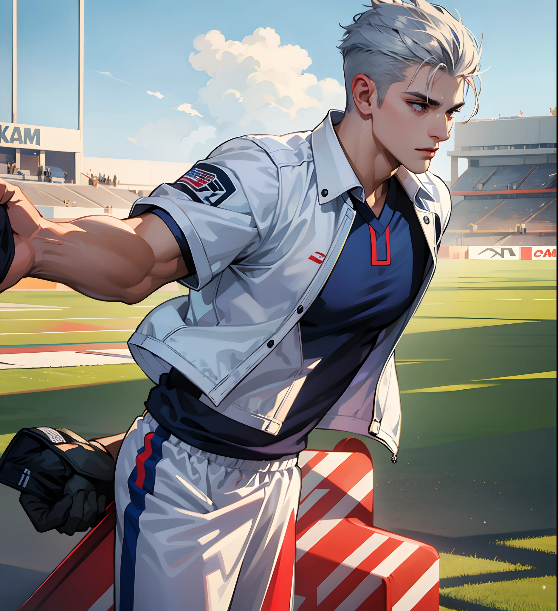 Handsome boy, fade haircut, silver hair, football player, hand eagle tattoo, football ground background, USA soccer player, standing pose, 8k ultra full HD
