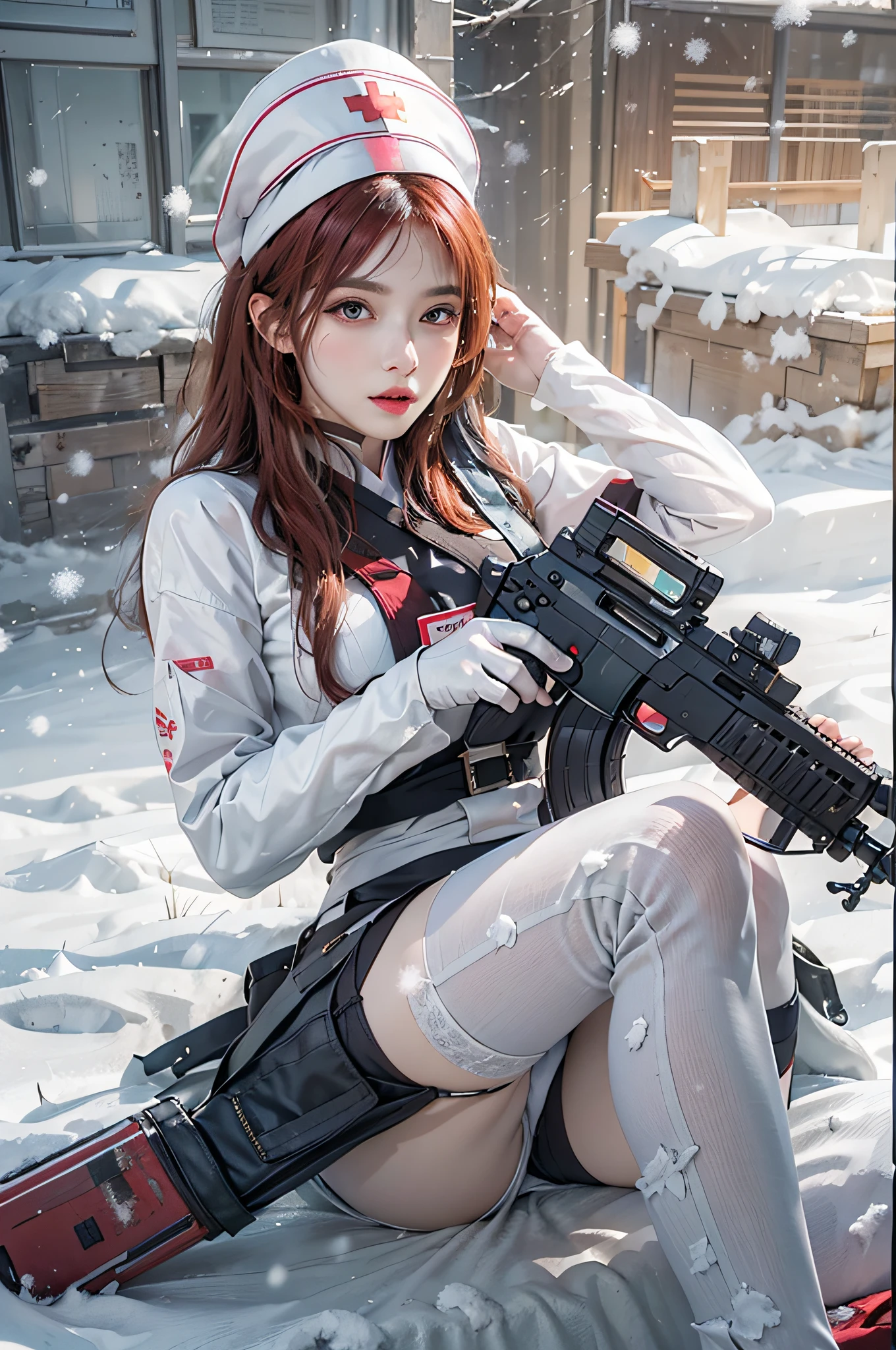 Photorealistic, high resolution, 1womanl, Solo, Hips up, view the viewer, (Detailed face),Red hair, Long hair, Nurse outfit, Stockings，Snow background, Girl aiming AK-47 assault rifle