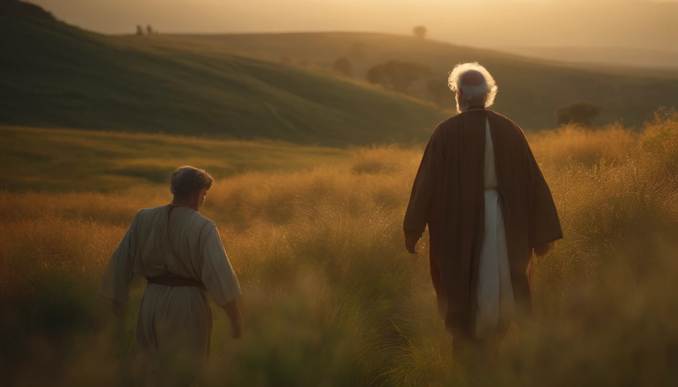 an old man walking through a meadow with a joung man. Both dressed in ancient Hebrew tunics., Cinematic, 4k, Global Illumination, SFX --ar 16:9