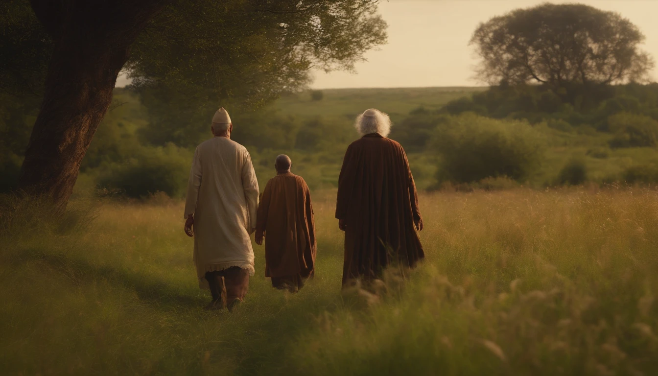 an old man walking through a meadow with a joung man. Both dressed in ancient Hebrew tunics., Cinematic, 4k, Global Illumination, SFX --ar 16:9