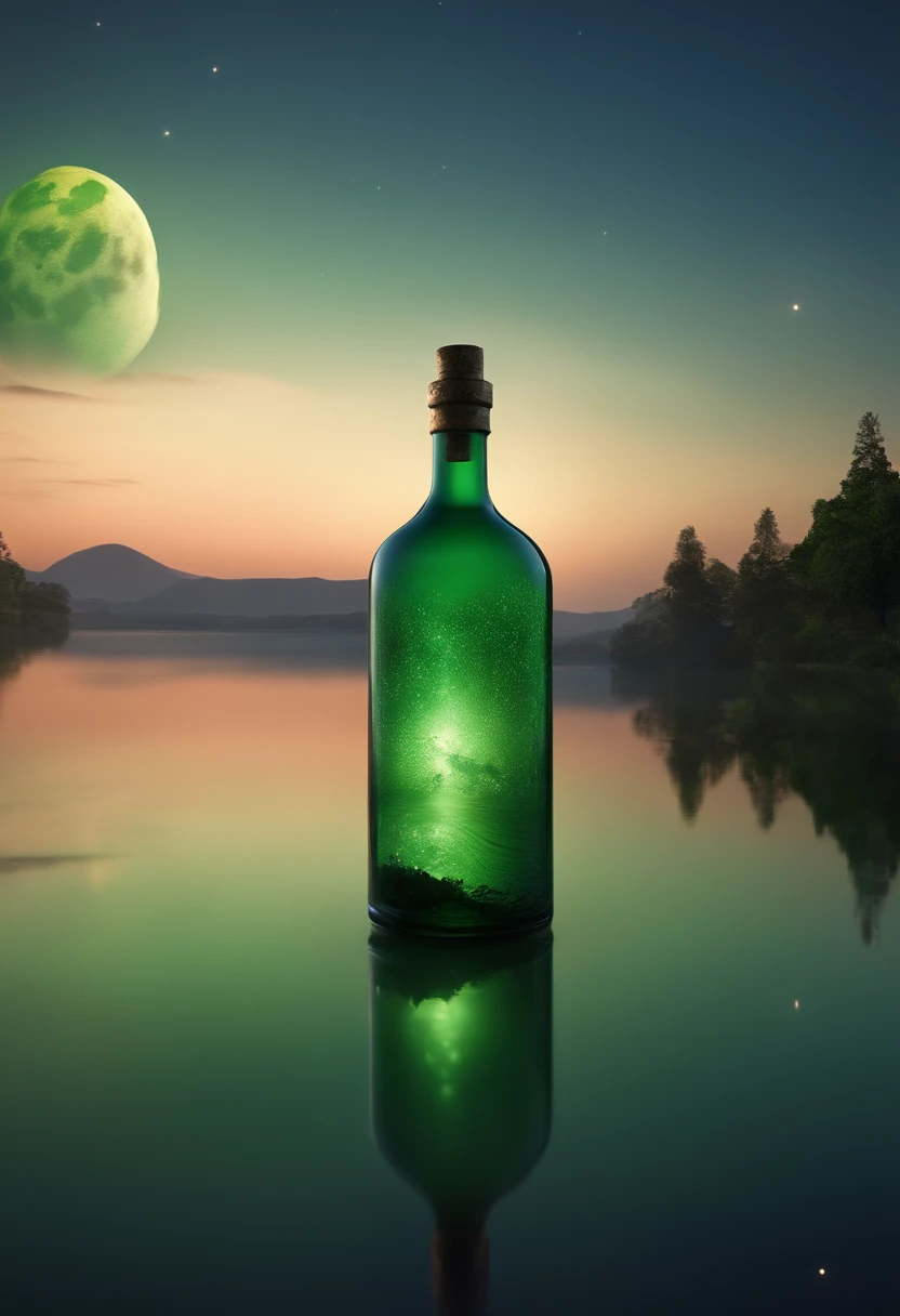 a colossal bottle which contained a majectic lake ,  very high quality and Very detailed scene , Octane render, Starry Sky , Dreams , Giant green Moon , Vaut of heaven , Inspiration, Imagination