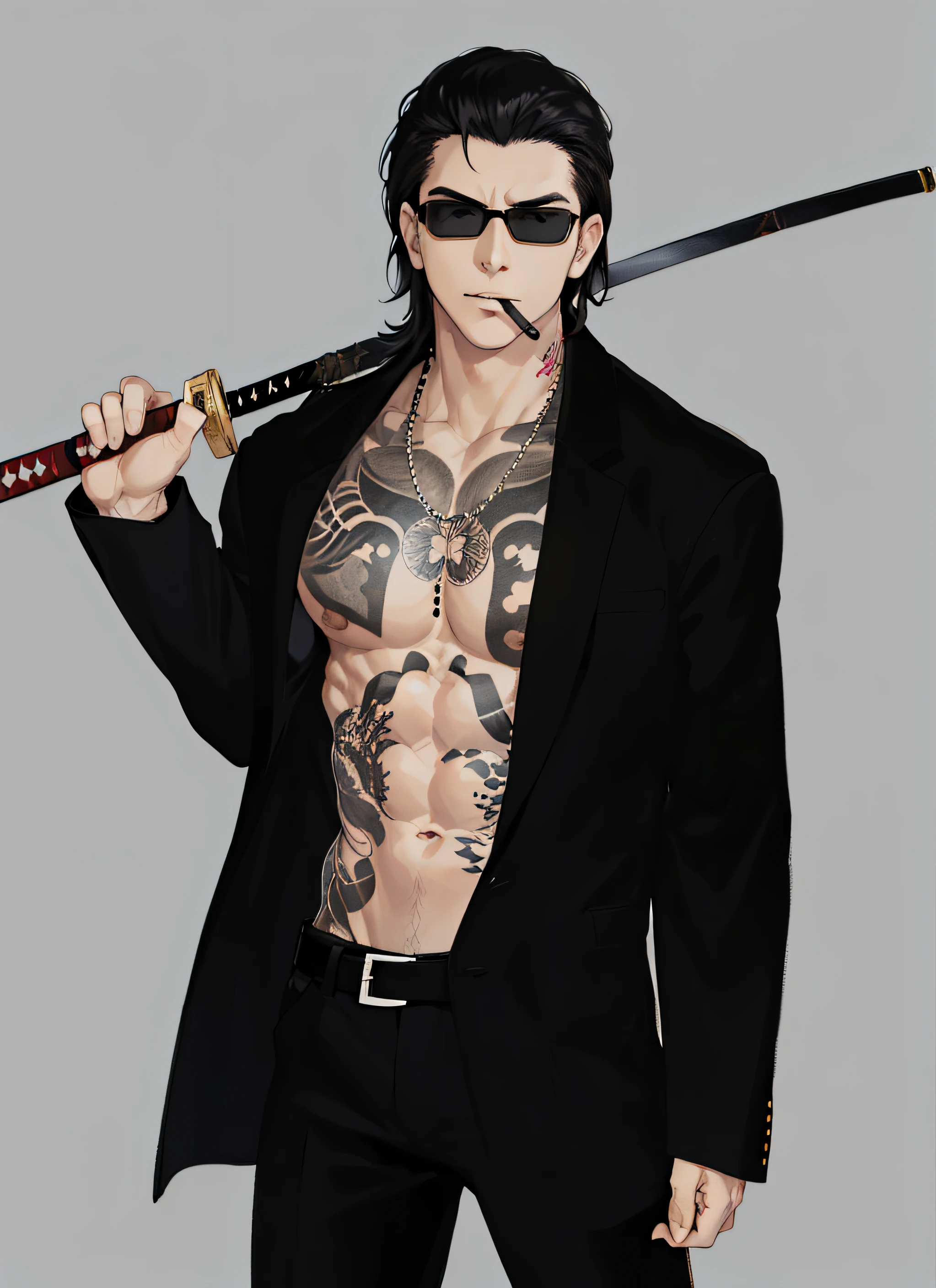 1 male, mature, angular chin, muscular, Medium Hair, black  hair, Hair back, black glasses, cigarette in your mouth, tattoos on the chest, black blazer, Yakuza, Katana in hand, Night city Japan in the background