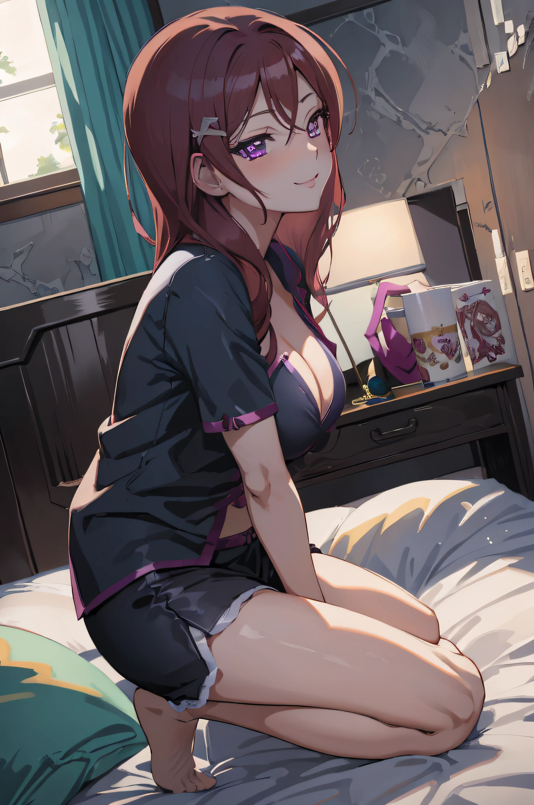 (masterpiece, best quality, detailed) ,1girl,maki_mother,purple eyes,long hair,red hair,cleavage,seductive anime girl, attractive anime girl, anime art wallpaper 4k,eyes detailed,ecchi anime style, seductive anime girl.teasing smile, clean detailed anime art,high resolution, (perfect hands, perfect anatomy),