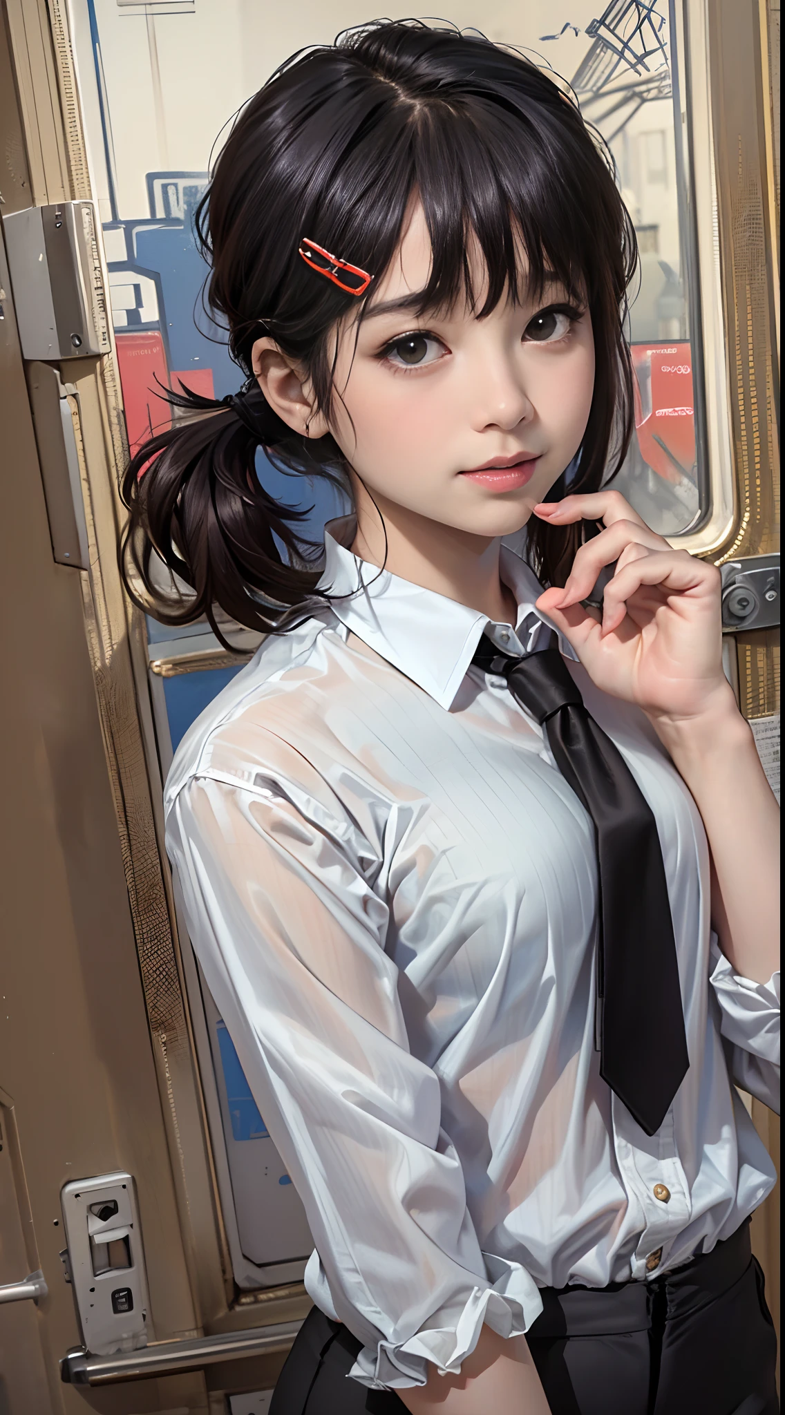 masterpiece, best quality, ultra-detailed, illustration, epic lighting, cinematic composition, isometric, 1girl, solo, cute, brown eyes, black hair, swept bangs, single sidelock, red hairclip, white collared shirt, black necktie, black pants, formal, enchanting gaze, captivating pose, indoors, office, door, opening door, looking at viewer, peeking out upper body, blush, seductive smile, closed mouth,(8k:1.1),