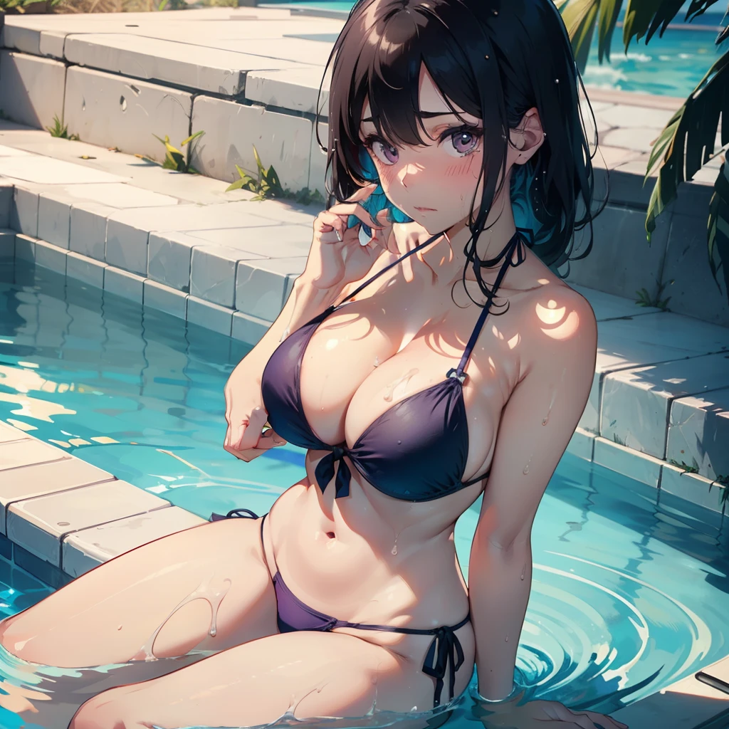 NSFW:1.2,1 beauty, Slightly tanned girl,Very light purple eyeshadow,Traces of swimwear, Watery Big Eyes,Beautiful constriction,(Flustered expression)，embarrassed from, long eyelasher,Blushlush, in poolside, Wet whole body, ((Bikini swimwear)),(dishevled hair:1.2),bustshot,((Hide your eyes with your hands)),Dynamic Angle Zoom, Breast Focus, hand between legs:1.2, Perfect fingers, Water splashes vigorously on the face:1.2