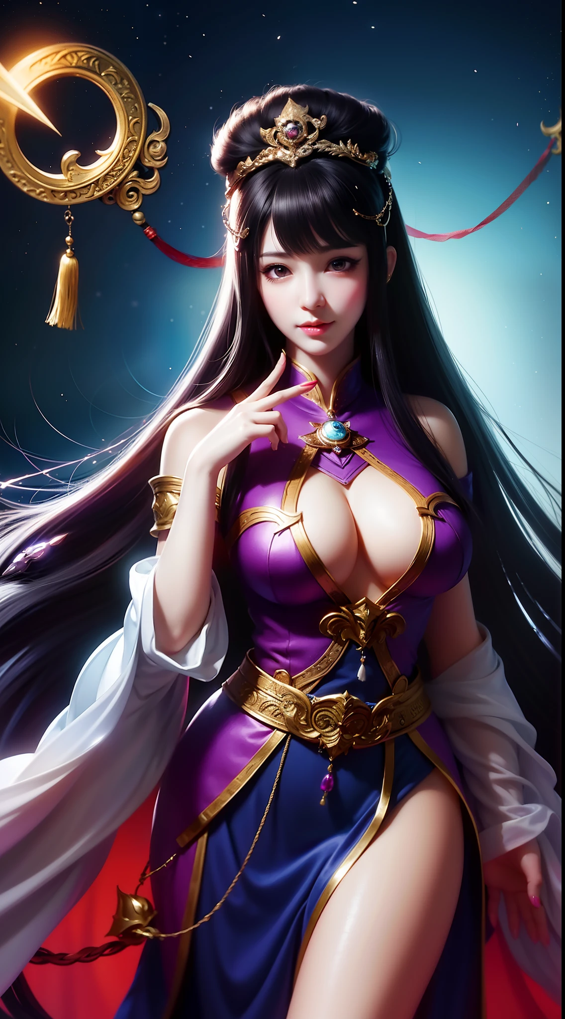 a woman dressed as a chinese witch with long hair, super plump breasts, very high detail, trending on Anime donghua, irelia from league of legends, beautiful celestial witch, 8k high quality detailed art, irelia, fantasy witch outfit, beautiful highly detailed fanart , delicate cg art, highly detailed shots of the goddess, (very detailed), (best illustration), (Beautiful Detailed Eyes), (detailed finger quality), (infah finger), (Best quality), (Very Detailed), (Master of peace), (Wallpaper), (Detailed Face), (background : chinese fantasy paradise),