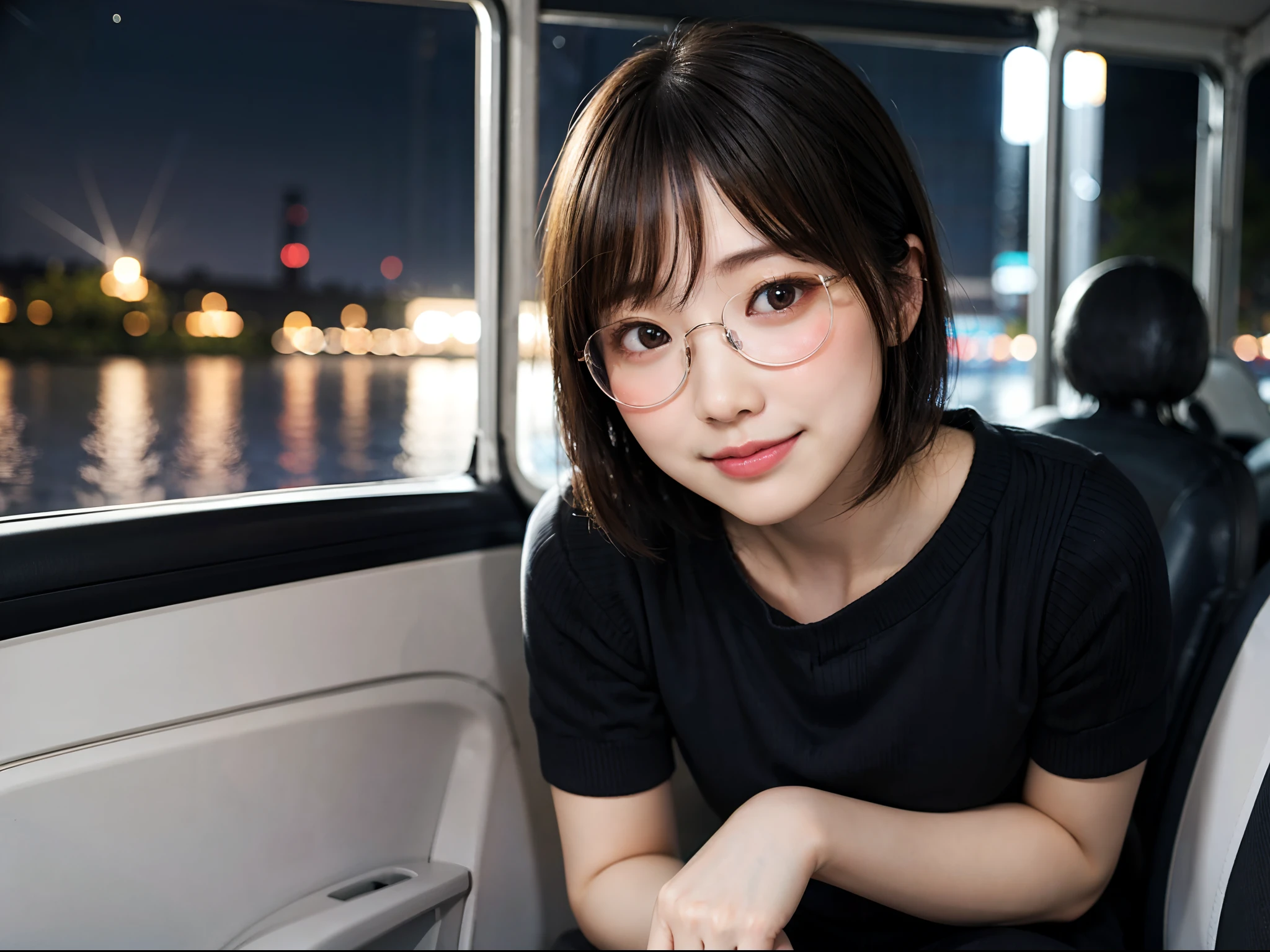 Japan girls in casual clothes、Sitting in the passenger seat of the car、Watch your audience、Tokyo cityscape at night、(top-quality、Master masterpiece)))、HD fine、ighly detailed、Master masterpiece、电影灯光、(8K、top-quality、Master masterpiece:1.2)、(realisitic、Photorealsitic:1.37) Hi-Res、Super Detail、Woman with glasses、Silent look、Round glasses、Asian, cute little, Cute face, Solo, Short hair 1.2, Textured skin, Beautiful smile, Beautiful detailed night sky, night landscape, 电影灯光, depth of fields, Lens flare light、Dating、(blush nose)、、(Mouth closed)tiny chest、Beautiful eye for detail、(Sweaters:1.1)、(Short hair:1.2)、Floating hair Nova frog style