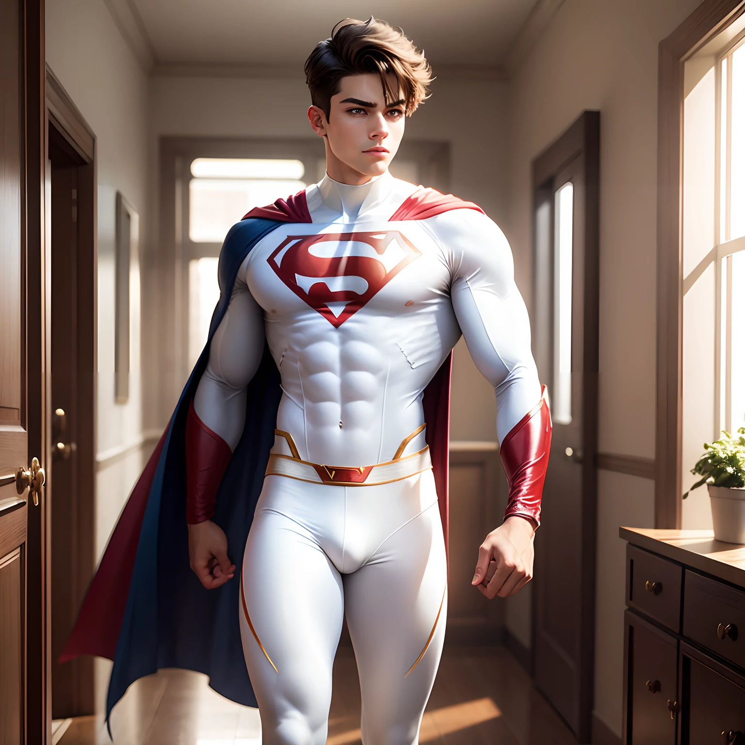 Young male superhero standing in room wearing only white leggings
