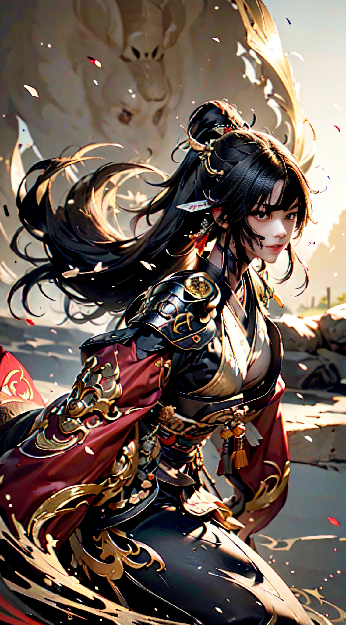 Best quality,ultra detailed,Realistic:1.37,woman warrior with katana,Detailed eyes,detailed lips,long eyelashes,Bold facial expression,Strong physique,flowing black hair,kimono,red and black color scheme,Details of samurai armor,ornate katana,Moonlit Battlefield,fallen cherry blossoms,Dynamic fighting posture,dramatic lighting