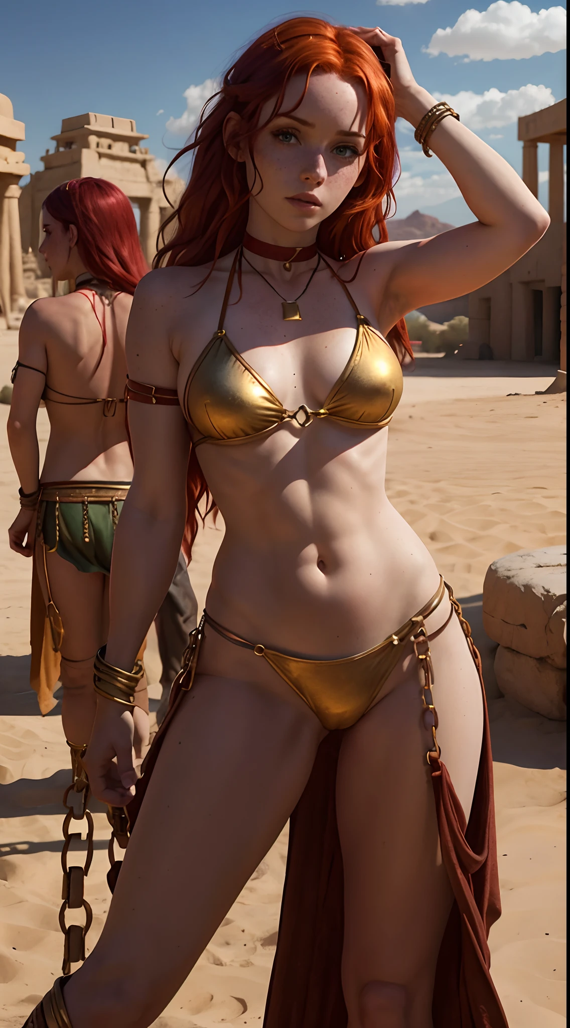 irish slave girl in chains, pale skin, freckles, red hair, chokers, golden bikini, far shot, desert temple in background, flirty