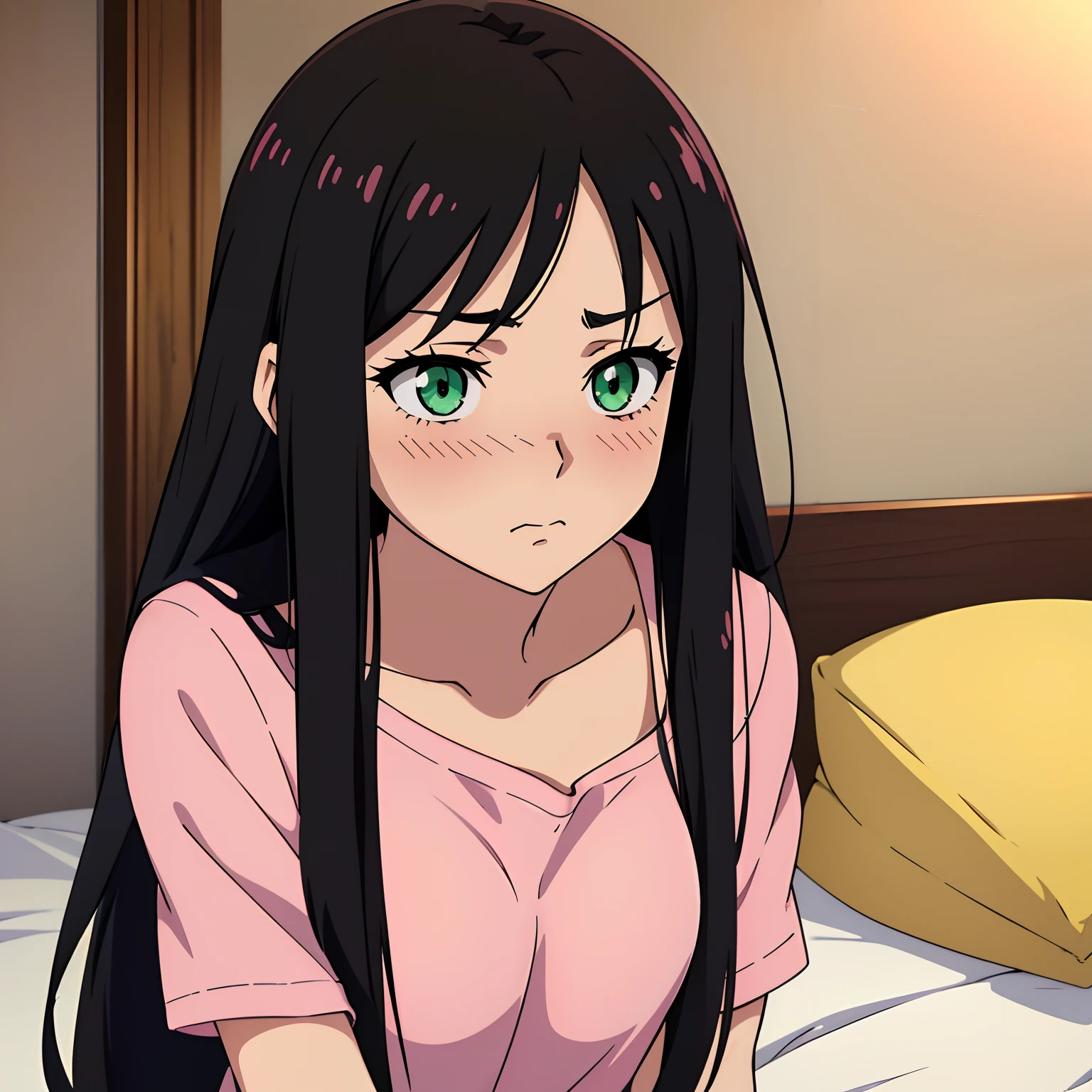 ((best quality, 1girl)), anime girl with black long hair and green eyes wearing a pink t-shirt, (shy, blush, innocent), room, bedroom, almond eyes, anime visual of a cute girl, smooth anime cg art, semi realistic anime, in an anime style, an anime girl, semi - realistic anime