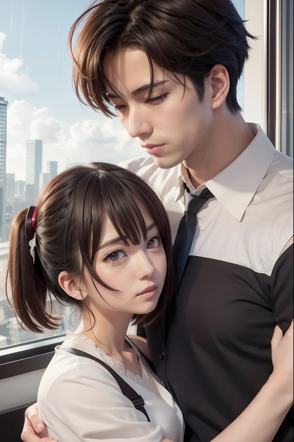 Anime couple hugging in front of the window，and the background is an urban landscape, Makoto Shinkai and Artgerm, sakimichan and frank franzzeta, Kawaii realistic portrait, Anime style portrait, realistic anime artstyle, sakimichan and makoto shinkai, 4k manga wallpapers, Smooth anime CG art, High-quality fanart, Digital anime illustration