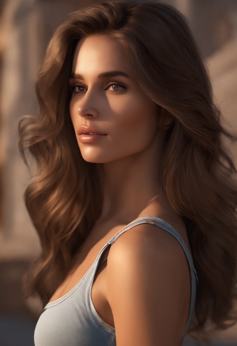 （Lifelike， hight resolution：1.3）， 1 girl with a perfect body， super fine face and eyes，length hair， Tank top of random colors：1.2， Short jeans， Big boob，Expose cleavage