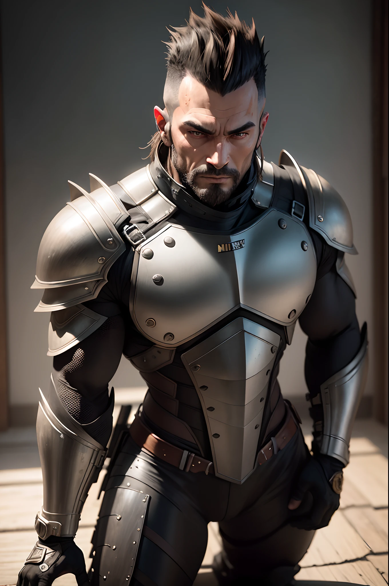 Beautiful mature brown-haired mohawk knight on all fours、Pitch black sexy chest armor、Black pants and leg armor ((Muscular and macho slim body and snug slim lower body))、Nasty look Bring your big breasts closer enticing Emphasizes cleavage A sexy Photorealsitic、a picture、masterpiece、reallistic、真实感、photorealisim、High contrast、Photorealistic Art Station Trend Digital Art 8k HD High Resolution Explanation Real, detaileds, Skin Texture, ultra-detailliert, realistic skin textures, armature, top-quality, 超A high resolution, (Photorealsitic:1.4),, hight resolution, detaileds, Raw foto, Sharp Re, Nikon D850 Film Stock Photo by Lee Jefferies 4 Kodak Portra 400 Camera F1.6 lenses rich colors hyper realistic lifelike textures dramatic lighting unreal engine artstation trends synestil 800,5Precision details of beautiful hands with fingers