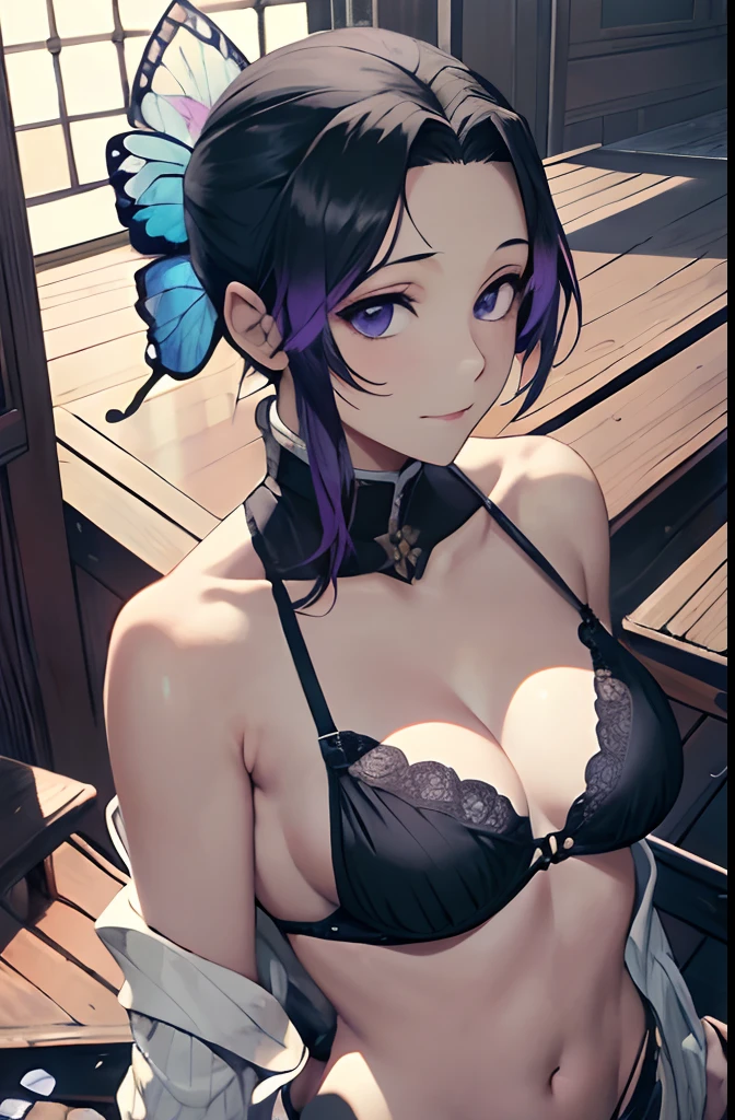 Ultra-realistic 8kCG,tmasterpiece,((hyper detailed background,delicate patterns,intricate-detail)),best qualtiy,extremely detailed man,extremely detailed eye and face,extremely detailed eye,kochou shinobu,O cabelo multicolorido,No bangs,Hair intake,Black eye,Cap,Black shirt,Black panties,(The bikini),butterflys,Strip Strip,(Trepical Garden:1.2),purple flower,Mostly cloudy sky,rays of sunshine,Tyndall effect,gradient_Heaven,faces,Beautiful sky,Saber on the waist,enchanting posture,(large full breasts:1.3),(cleaveage:1.3),(Off-the-shoulder costumes:1.5),ssmile, Appearance from behind, butt sticks out