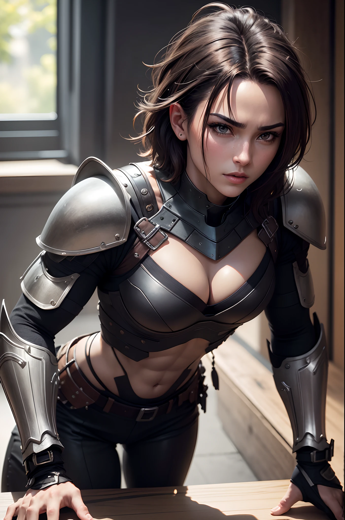 Beautiful mature brown-haired mohawk knight on all fours、Pitch black sexy chest armor、Black pants and leg armor　((Muscular and macho slim body and snug slim lower body))、Nasty look　Bring your big breasts closer　enticing　Emphasizes cleavage　A sexy　Photorealsitic、a picture、​masterpiece、reallistic、真实感、photorealisim、High contrast、Photorealistic Art Station Trend Digital Art 8k HD High Resolution Explanation Real, detaileds, Skin Texture, ultra-detailliert, realistic skin textures, armature, top-quality, 超A high resolution, (Photorealsitic:1.4),, hight resolution, detaileds, Raw foto, Sharp Re, Nikon D850 Film Stock Photo by Lee Jefferies 4 Kodak Portra 400 Camera F1.6 lenses rich colors hyper realistic lifelike textures dramatic lighting unreal engine artstation trends synestil 800,５Precision details of beautiful hands with fingers