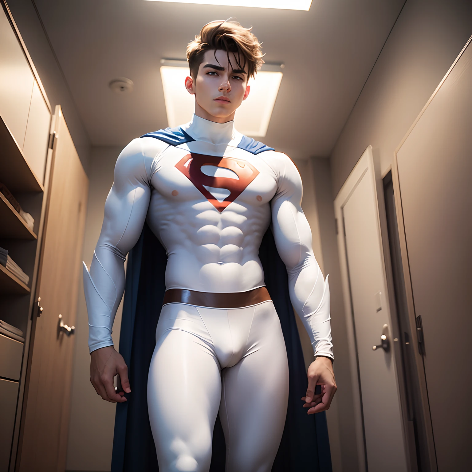 Young male superhero standing in room wearing only white leggings