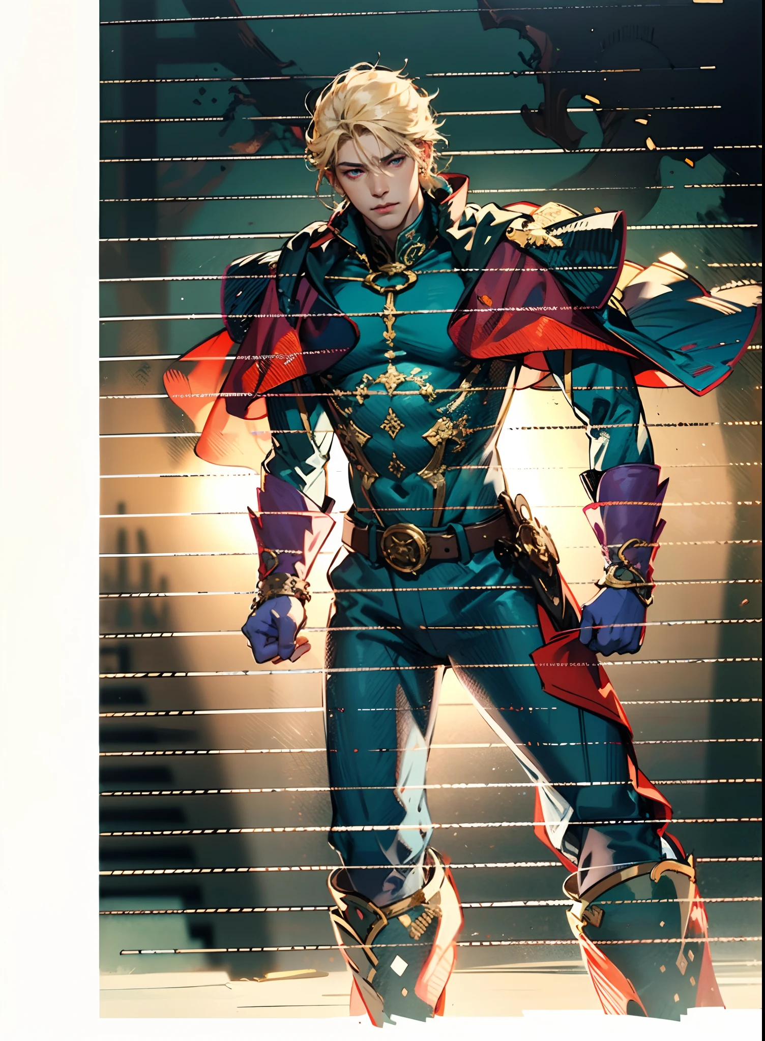 A middle-aged man with short golden hair, thick and tousled hair, a stern look, sharp eyes, well-defined facial features, a strong physique, he wears a short cape that flutters in the wind, a tight-fitting fantasy-style outfit, primarily in shades of blue-purple, accented by touches of orange-red and white, a gold belt with red jewels, matching trousers, the backdrop of a raging sea battle scene, a scene of intense naval warfare unfolds, this character embodies a finely crafted fantasy-style formidable maritime overlord in anime style, characterized by an exquisite and mature manga illustration art style, high definition, best quality, highres, ultra-detailed, ultra-fine painting, extremely delicate, professional, anatomically correct, symmetrical face, extremely detailed eyes and face, high quality eyes, creativity, RAW photo, UHD, 8k, Natural light, cinematic lighting, masterpiece:1.5