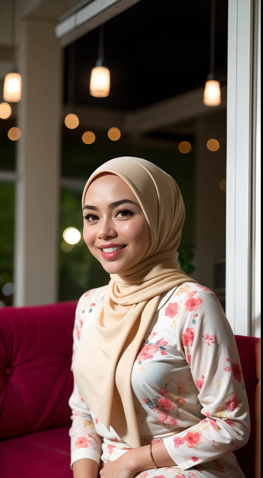 Malay girl, very short white hair, pixie cut hair, wear white baju kurung with small floral pattern, eating popcorn in living room, seat in a fabric couch, front above view, she look at the viewer, windy, detail skin, age spot, detail skin texture, mole below eyes, small breast, flat chest, wide hips, small waists, thick thighs, slim abs, beautiful body, nighttime, laughing, happy, bright lighting, blur background, bokeh,