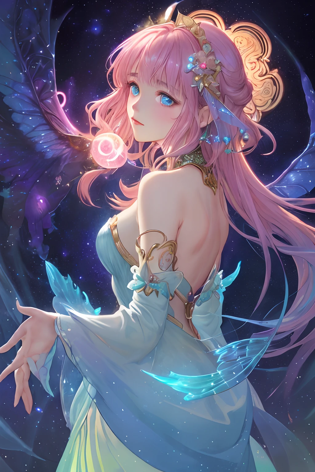 (high-detail:1.2)、(top-quality:1.2)、(8K:1.2)、foco nítido、(Sub-surface scattering:1.1)、award - winning photo
(glowing bioluminescent forest:1.2)、adorable chibi fairy、Clear blue eyes、Moles under the eyes、Plump and glossy lips、Pink hair color、Keernan Shipka Mackenzie Foy、barbara palvin、Rainbow Fairy Wings
(highly detailed back ground:1.2)、(magical fantasy:1.0)、(knollingcase:1.1)、(dreamlikeart:1.1)、Dramatic Lighting、Greg Lutkowski Alphonse Mucha Ropp