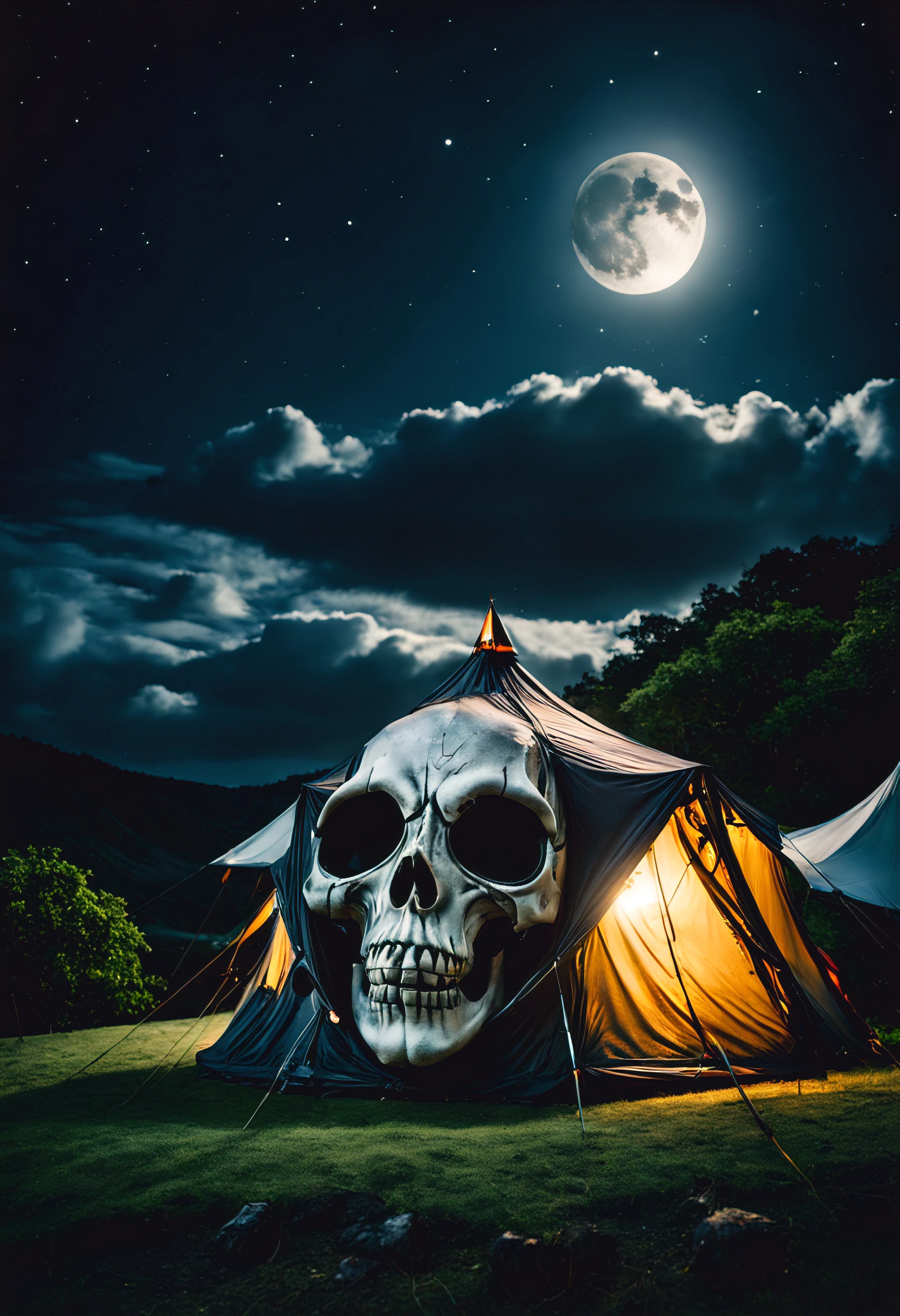 cinematic photo of a tent that looks like a skull on top of a hill at night, moon, clouds, spooky, spooky, (style of tim burton) . 35mm photograph, film, bokeh, professional, 4k, highly detailed, high saturation