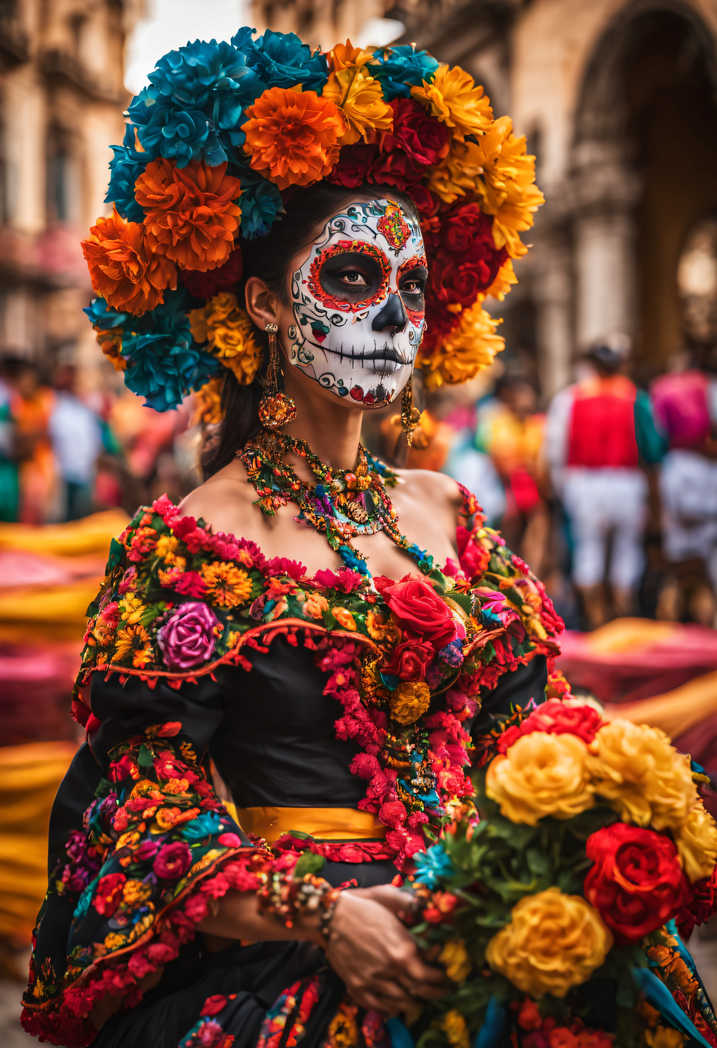 best quality,4k,8k,highres,masterpiece:1.2,ultra-detailed,realistic:1.37,illustration,Day of the Dead skull,gothic,fiery colors,Mexican celebration,elaborate headpiece,vibrant flowers,decorative patterns,skull face paint,ornate costume,traditional attire,celebratory mood,celebration in a town square,folklore inspiration,traditional music and dance,colorful papel picado,animated skeletons,dramatic lighting,eerie yet festive,atmospheric candles,smoke and incense,cheerful atmosphere,joyful crowd,happy faces,energetic movement,authentic Mexican culture,rich cultural heritage,sensory overload,visual spectacle,vivid details,highly detailed floral decorations,impressive visual impact,vibrant and captivating,yet slightly macabre,traditional masks,eye-catching colors,unique artistic expression,compelling composition,conceptual design,strong artistic vision