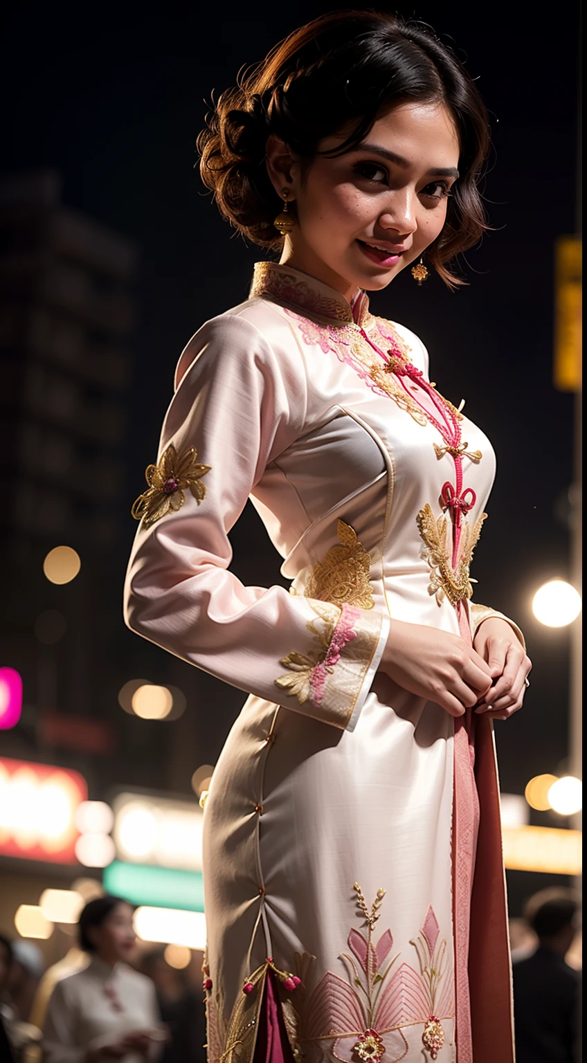 Malay girl, medium white hair, bouncy curls haircut, (wear light plain malays pastel red women's long-sleeved dress opened at the front, secured with buttons, pins, or brooches), (malay baju kebaya:1.6), laughing and posing with hand on hip, wear handbag, from back view, windy, detail skin, age spot, detail skin texture, mole below eyes, small breast, flat chest, wide hips, small waists, thick thighs, slim abs, beautiful body, nighttime, laughing, happy, bright lighting, crowded night market, blur background, bokeh,