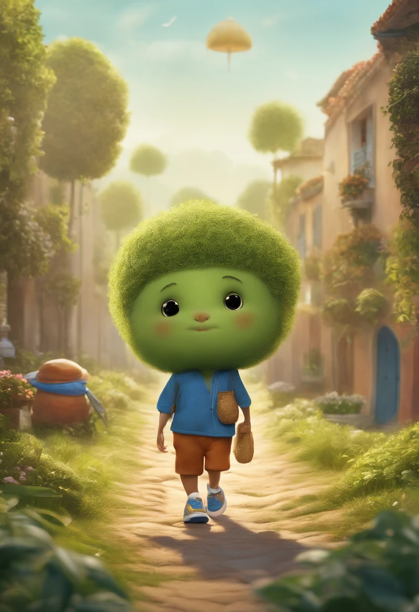 /imagine prompt: Illustration of a creature. pequena estatura. vestindo uma jardineira curta, sem camiseta por baixo. wearing high-top sneakers. wears a hat with 3 points. formato do corpo arredondado, gordinho. pele azul, com algumas manchas verdes pelo corpo. olhos de formato quadrado. boca sorrindo. nariz representado somente por um risco. spreads bread crumbs as he walks. illustration style