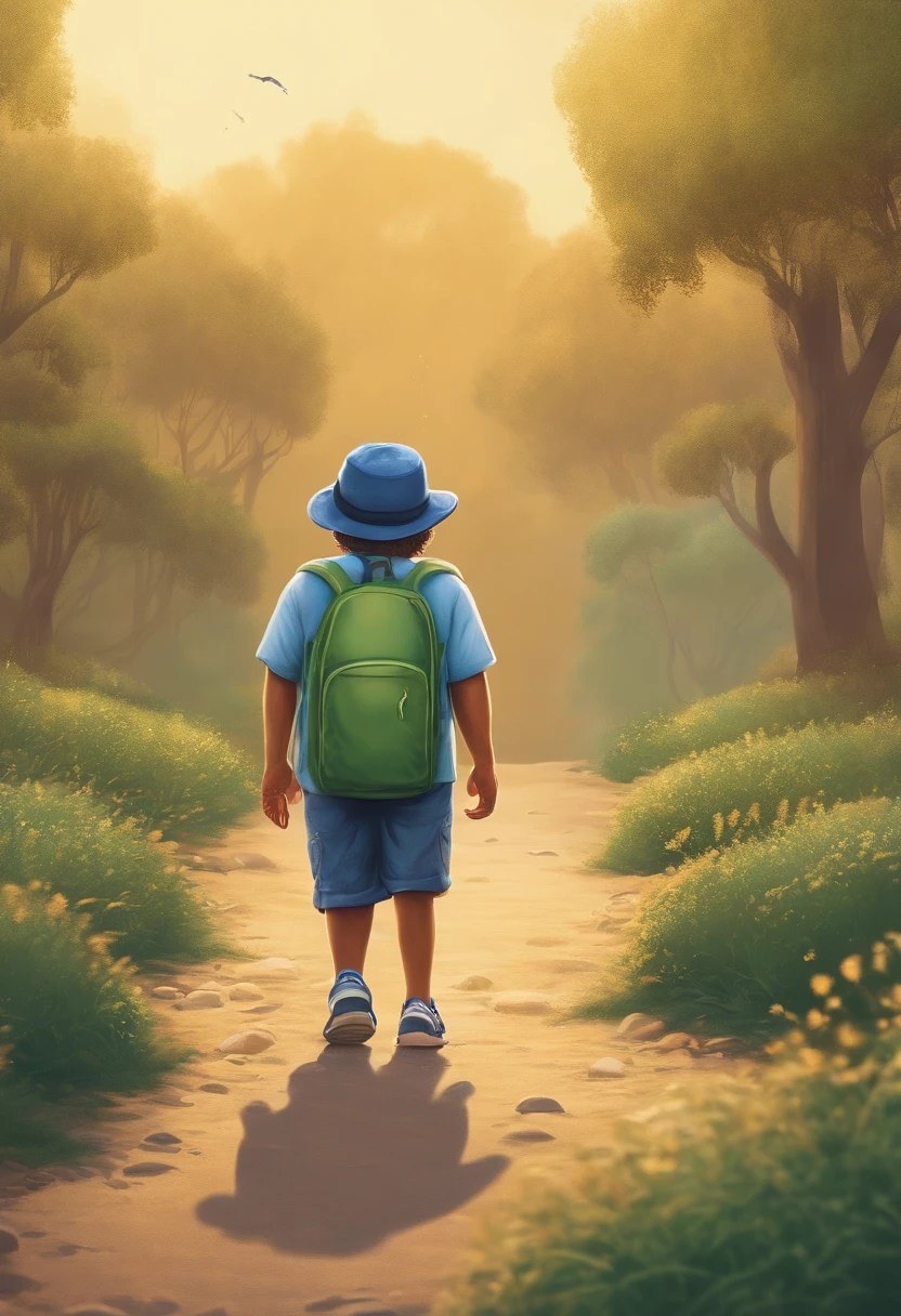 /imagine prompt: Illustration of a creature. pequena estatura. vestindo uma jardineira curta, sem camiseta por baixo. wearing high-top sneakers. wears a hat with 3 points. formato do corpo arredondado, gordinho. pele azul, com algumas manchas verdes pelo corpo. olhos de formato quadrado. boca sorrindo. nariz representado somente por um risco. spreads bread crumbs as he walks. illustration style