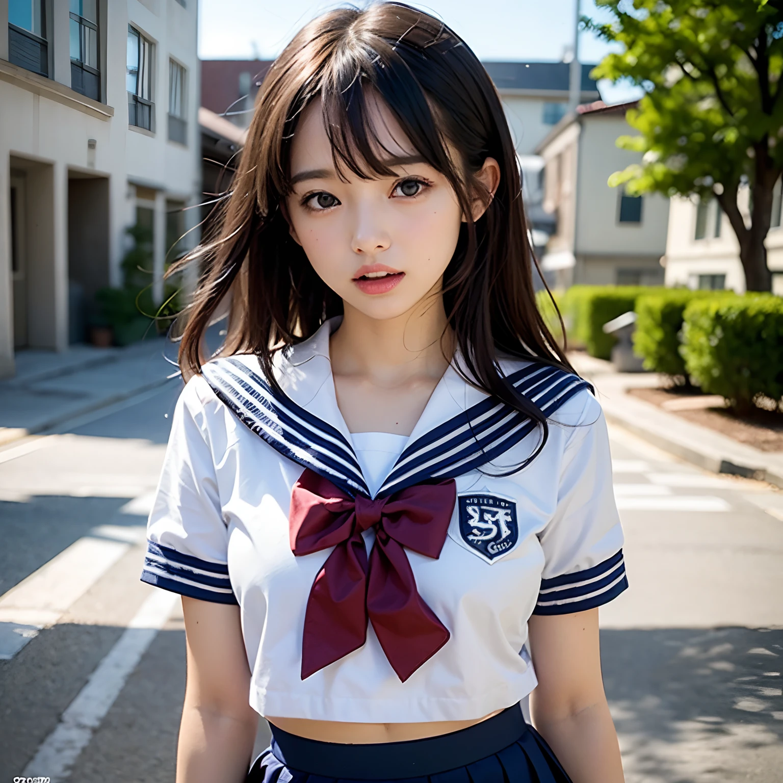 (masutepiece, Best Quality:1.2), 8K, Official art, Raw photo, full body Esbian、Red camisole、Facing up、Bob hair、skinny、14years、small tits、Eyes closed、Deep sadness、Sorrow、look up sky、Open mouth、screeming、 unbelievable Ridiculous, (Upper body, Sailor suit on top、Skirt underneath、serafuku:1.4), Beautiful Girl, Pretty Face, arching back down, cute panty、Gold hair ornament on hair、close up, School uniform, Short sleeve, gardenia, violaceaess, Teen, Street, Looking at Viewer, Film grain, chromatic abberation, Sharp Focus, face lights, Dynamic lighting, Cinematic lighting, Eyes and faces with detailed, Bokeh background, (1 dark red bow tie:1.2)