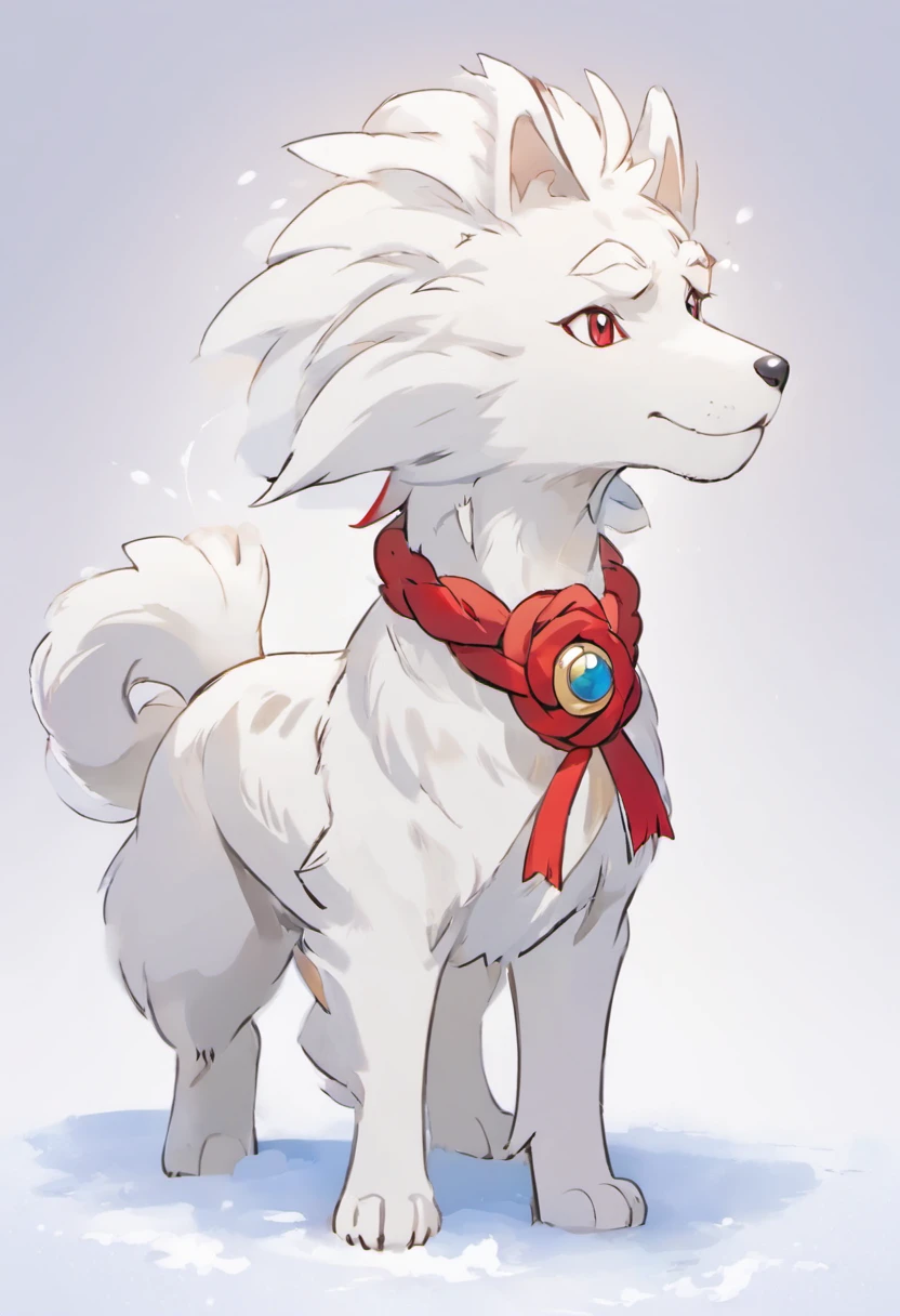 White wolfhound,(A red wishful knot is tied around his neck:1.3),Full of wild posture,(Towering snow-white hair),Red eyes,A sacred beast that makes people feel holy,The body is slender,Furry animals,Small beasts,Pokémon style