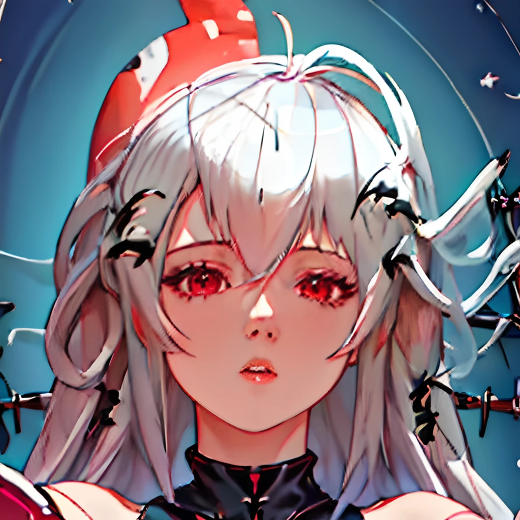 Best quality, Masterpiece, A high resolution, Solo, {skadi_arknight:1.15}, Long_Hair, bangs, Red_Eyes, Hair_between_Eyes, Breasts, Grey_Hair, Very_Long_Hair, The upper part of the body_Body, White_Hair, Large_Breasts, mediating_Breasts, 1girll, Bare_bshoulders, Looking_at_peeping at the viewer, No_Headwear, parted_Lips, black_ascot, ascot, Portrait, Simple_Background, White_Background