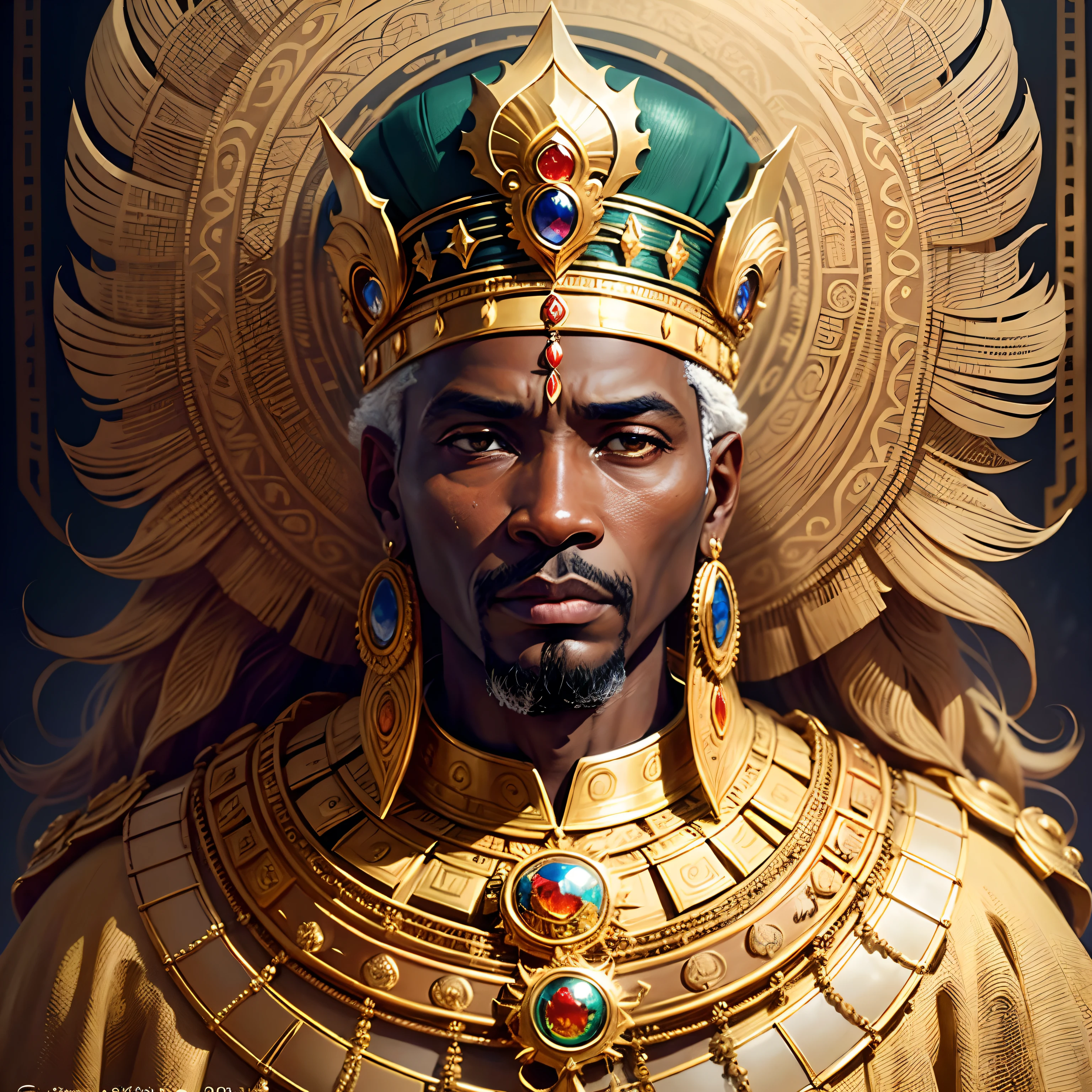 Best quality,Ultra-detailed,Realstic,(Mansa Musa, King of the Malian Empire 1400),(Portrait royal),(Gold-covered dresses),(Ornate crown),(Expression digne),(bijoux en or),(Elaborate headdress),(Toile de fond du palais),(Stature imposante),(couleurs riches),(Royal atmosphere),(Empire malien),(Richesse et pouvoir),(The greatest kings of Africa),(Affichage opulent),(Personnage historique),(Richesse et influence impressionnantes),(symbol of prosperity and greatness),(Cour royale dynamique),(Majestic presence),(Aura royale),(motifs traditionnels africains),(Order rule),(Leader influent),(Empire puissant),(Impressionnant),(Glorious reign),(patrimoine culturel),(Architecture impressionnante),(Personnage historique important),(Achievement and size),(Extensive trade routes),(Riche patrimoine culturel),(Representation of African pride and glory)