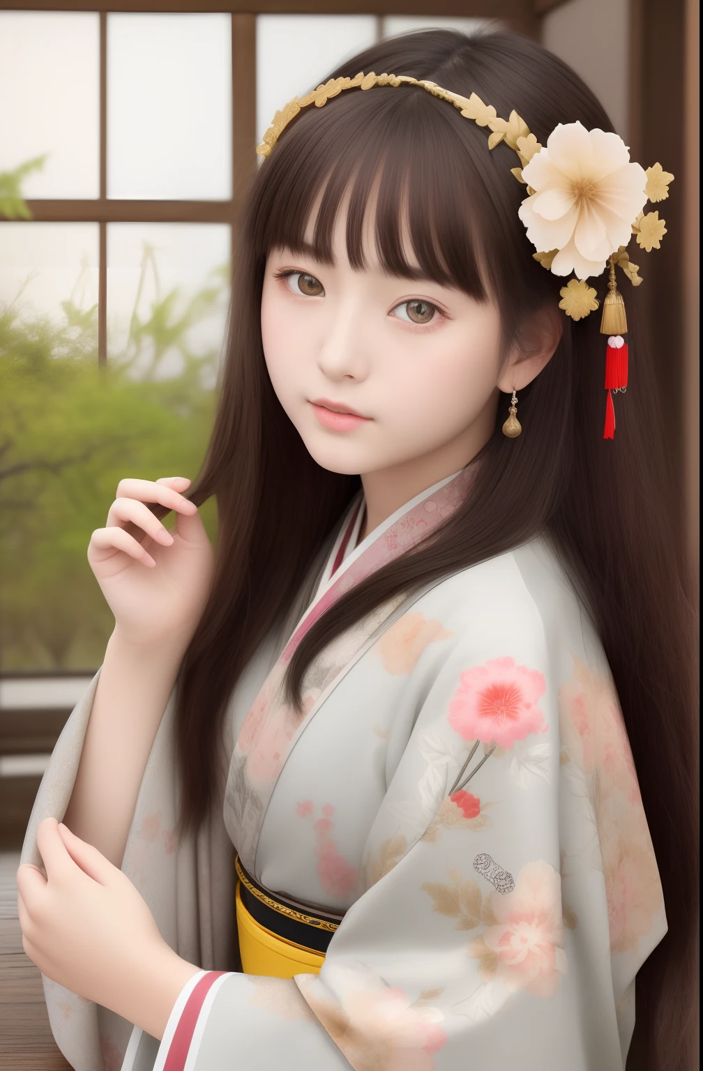 Best quality, Masterpiece, high resolution, Original, highly detailed wallpaper, Beauty 、s girl、Real Human、Authentic、Old photos、bit girl、Japan antiquity、Heian period 12 single kimono authenticity、Background depth of field、Real photos of Japan