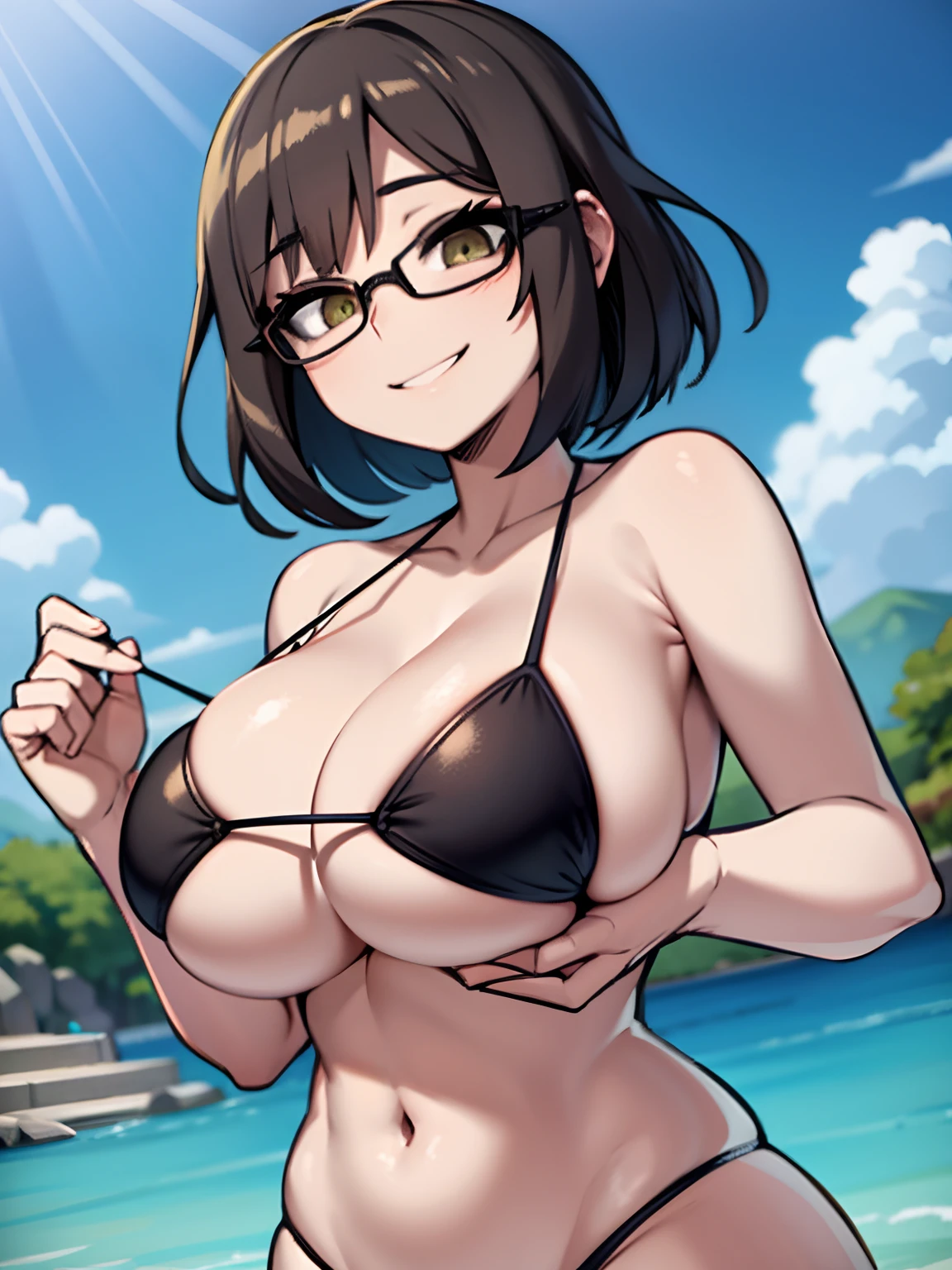Colossal tits、a beauty girl、brownish colors、a short bob、bbw、Black hair、eye glass、The bikini、teats、A smile