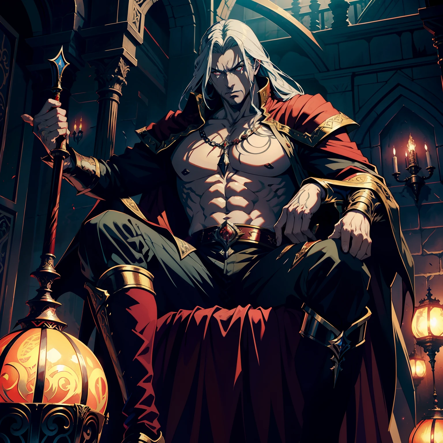Castlevania Lord of Shadows hyper realistic super detailed scary Lord Dracula sitting on his big throne with his legendary Moroccan princesses Read large scrolls with a red expression of anger bright eyes hyper realistic face super detailed portrait Dynamic shot centerpiece cinematic scene scenes movie Epic Legendary hokuto no ken style movie