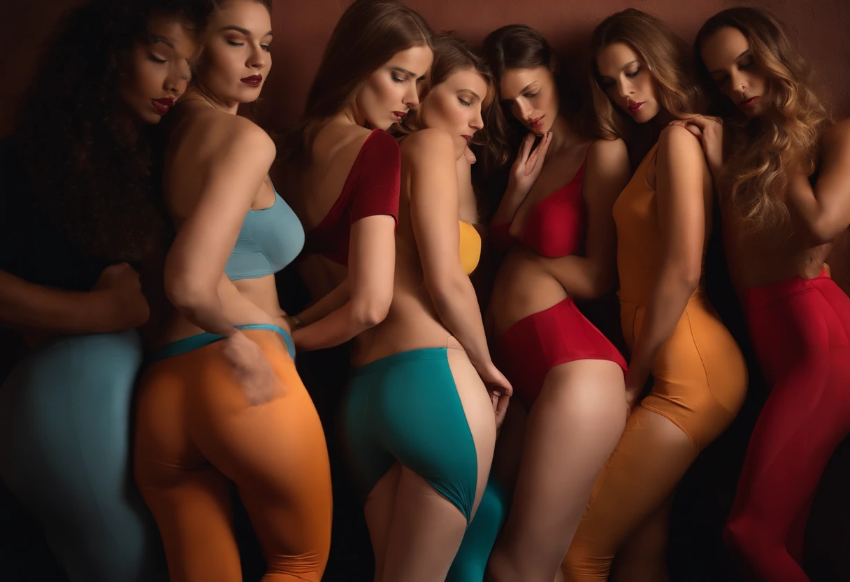 A group of women in flesh-colored stockings prop themselves against the wall with their buttocks up