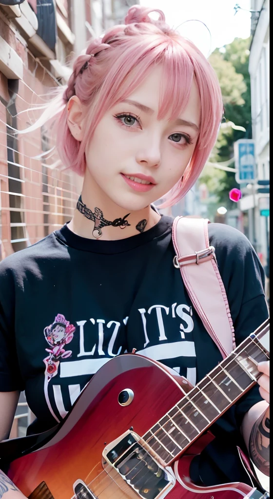 (masutepiece), (Portrait), (Aesthetic), (cute little), (upper blody), (High quality), (aesthetic clothings), (professional angle), (thirds rule), (Feminine), (Woman), , (Beautiful),(Feminine features), (18year old:1.4), Solo, 1 woman, (Charming punk girl), Blue eyes,faces、(A smile:1.5),(facing front:1.2),Dramatic light, ((Playing guitar)), Edgy makeup, (Small bust), ((electric guitar)), (Front face), (Leather jackets and tattoos), ((Short hair)), (dyed (E.G. and pinks) hair), (spiky hair), (Thick hair), Matte Shine Hair, (Hair bands scattered in the hair), (Bold and bold look), (pale skin), (Dark clothes), (Band T-shirt), (Ripped jeans), ((Urban alley background)), (cowboy shot), Beautiful hands, Two hands, normal hands, Two arms, complete hands, Beautiful body, Beautiful fingers, normal fingers, Five Fingers, Five Fingers, (Thumb index finger ring finger), Beautiful ears, normal ears, Beautiful eyes, shiny eyes, Beautiful mouth, Beautiful lips,Medium hair with pink hair, (Pink hair), Ear Hair, small tits, Single braid, (Single braid), (Side braid)