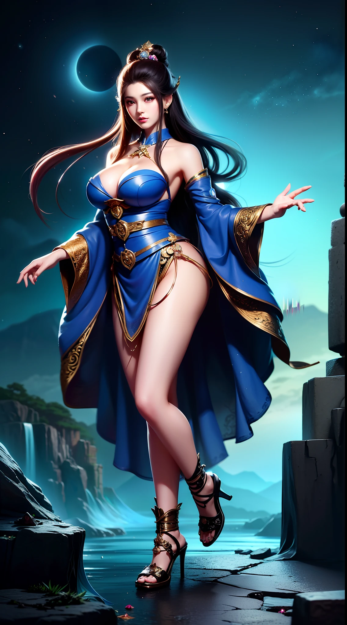 a woman dressed as a chinese witch with long hair, super plump breasts, very high detail, trending on Anime donghua, irelia from league of legends, beautiful celestial witch, 8k high quality detailed art, irelia, fantasy witch outfit, beautiful highly detailed fanart , delicate cg art, highly detailed shots of the goddess, (very detailed), (best illustration), (Beautiful Detailed Eyes), (detailed finger quality), (infah finger), (Best quality), (Very Detailed), (Master of peace), (Wallpaper), (Detailed Face), (background : chinese fantasy paradise),