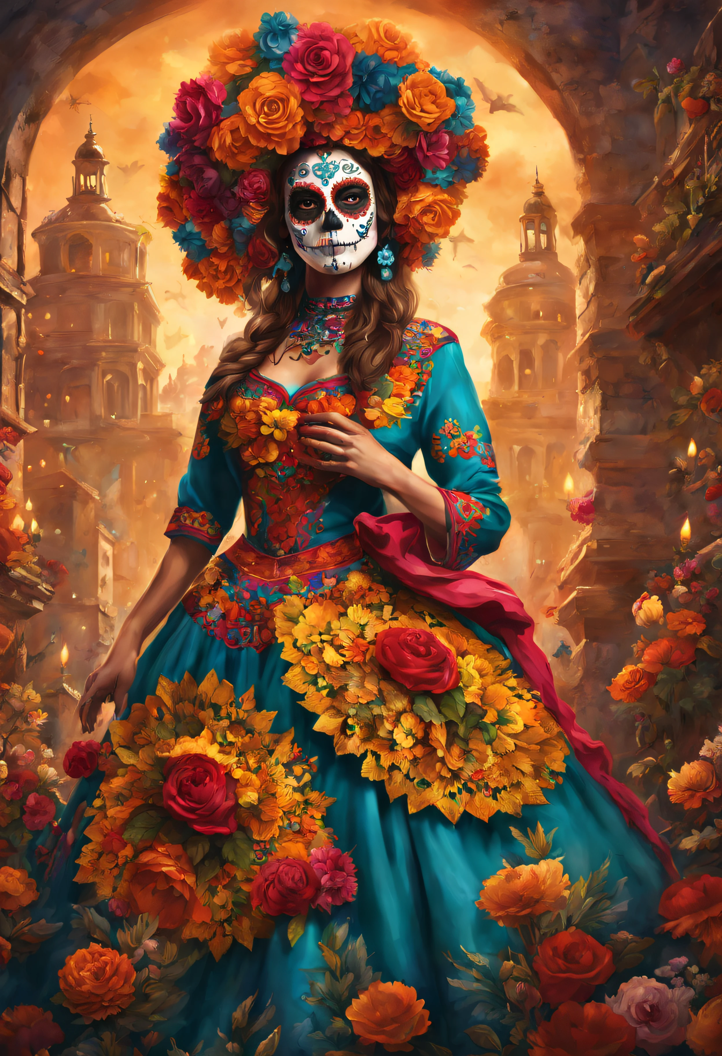 best quality,4k,8k,highres,masterpiece:1.2,ultra-detailed,realistic:1.37,illustration,Day of the Dead skull,gothic,fiery colors,Mexican celebration,elaborate headpiece,vibrant flowers,decorative patterns,skull face paint,ornate costume,traditional attire,celebratory mood,celebration in a town square,folklore inspiration,traditional music and dance,colorful papel picado,animated skeletons,dramatic lighting,eerie yet festive,atmospheric candles,smoke and incense,cheerful atmosphere,joyful crowd,happy faces,energetic movement,authentic Mexican culture,rich cultural heritage,sensory overload,visual spectacle,vivid details,highly detailed floral decorations,impressive visual impact,vibrant and captivating,yet slightly macabre,traditional masks,eye-catching colors,unique artistic expression,compelling composition,conceptual design,strong artistic vision