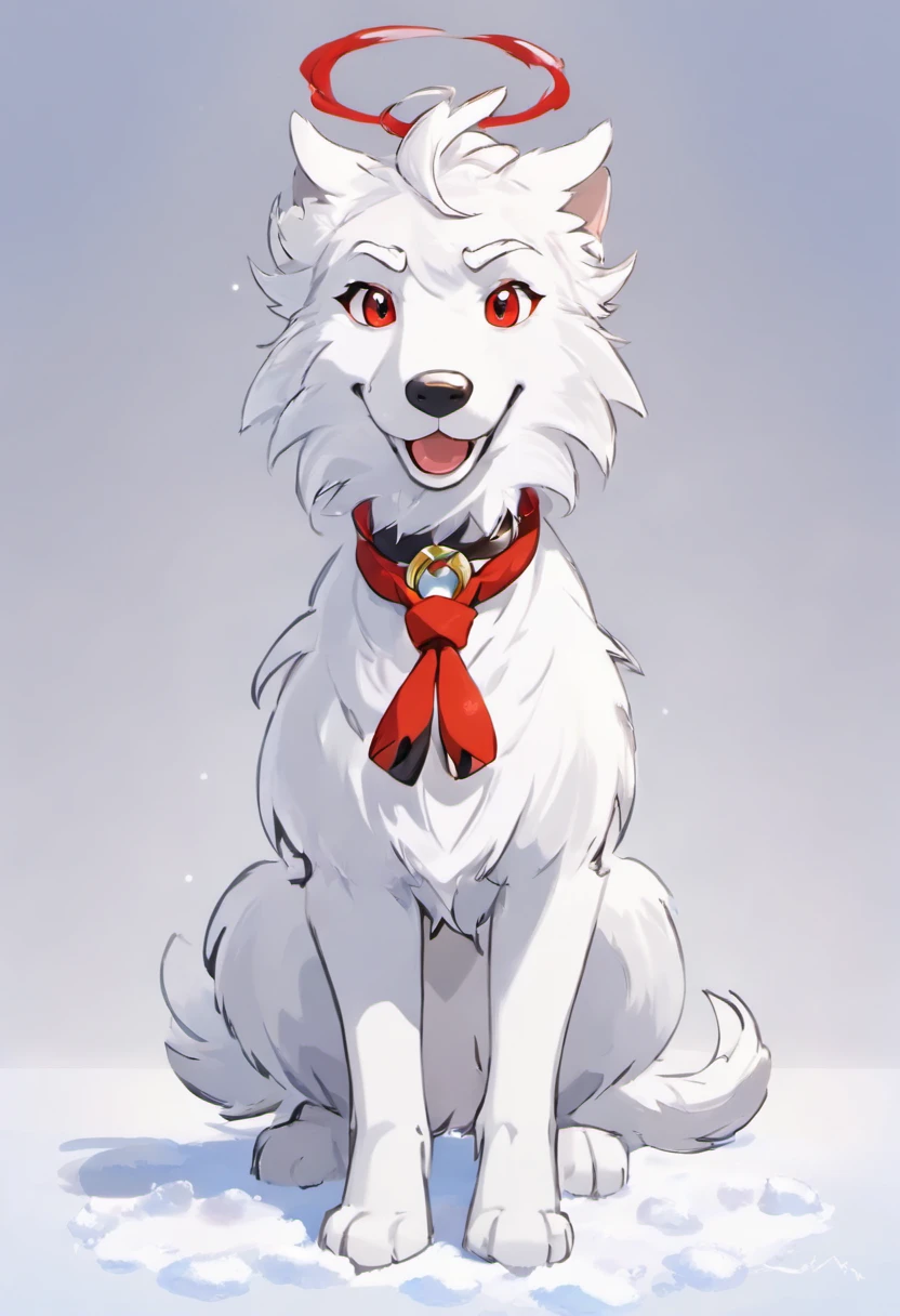 White Wolfhound,(A red wish-granting knot was tied around his neck:1.3),Full of wild gestures,(Towering snow-white hair),Red eyes,A holy beast that makes people feel holy,The body is slender,Furry animals,Small beasts,Juvenile furry