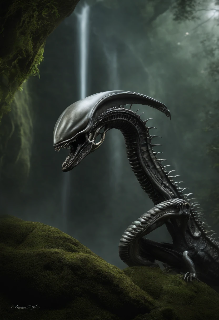 The Queen Xenomorph, from the "Alien" franchise, is a larger, more powerful version of the standard Xenomorph. She typically stands around 15 feet tall and is characterized by a large, elongated head crest that gives her a regal, intimidating appearance. Her body is muscular with two pairs of arms: the upper set is larger and more robust, while the lower set is smaller and used for more delicate tasks. The Queen has a long, spear-tipped tail and a specialized ovipositor for laying eggs, often attaching herself to a fixed location to lay eggs continuously. As the leader of the Xenomorph hive, she is highly intelligent and strategic, fiercely protecting her offspring and exhibiting aggressive behavior when threatened. Her exoskeleton is typically dark, with a shiny, biomechanical look, making her one of the most iconic and fearsome creatures in science fiction.With huge tits and ass. She is on her back with her ass in the foreground