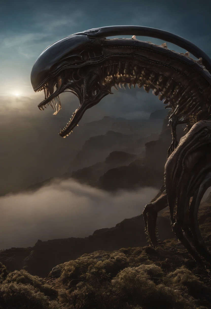 Beautiful female xenomorph, estilo fotorrealista, criatura, scientific fiction, Escuro, textura elegante, exoesqueleto brilhante, biomechanical design, elongated head, elongated jaw, dentes afiados, olhos negros penetrantes, corpo esguio, Biomechanical tail, translucent membrane, atmosfera estranha, lush alien landscape, flora vibrante, Mysterious rock formations, Atmospheric Illumination, cachoeiras em cascata, ethereal haze, Distant alien sky, Corpos celestes cativantes