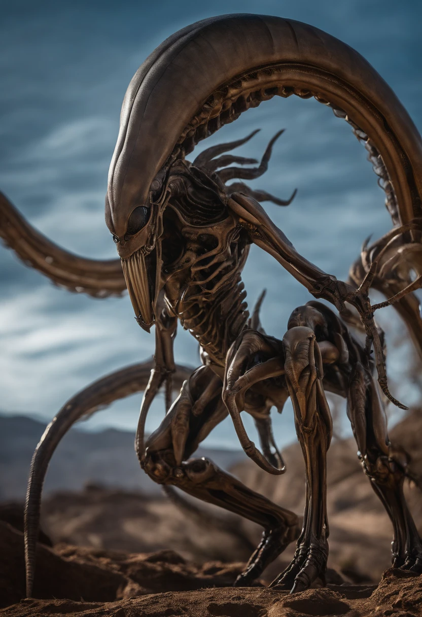  ((best quality)), ((masterpiece)), (detailed), an alien creature, (gigeresque), (velociraptor form), pale, milk-white skin, translucent skin, smooth skin texture like a dolphin, no hair, round head, (bulbous head), (xenomorph head), (atrophied eye sockets), (smooth face), (bright prominent gums), (a long tongue like an elephant trunk coming out of the mouth with a squid-like beak at the tip), (protrusions along a skeletal ridged back), (breathing holes on the chest), a tail that splits into three tentacles, (walking on long skinny arms), where the legs would be is another set of arms that are used for grabbing, H R Giger, Clive Barker's The Thing, xenomorph, predator, Engineer, dinosaur, sci fi horror, cosmic horror 