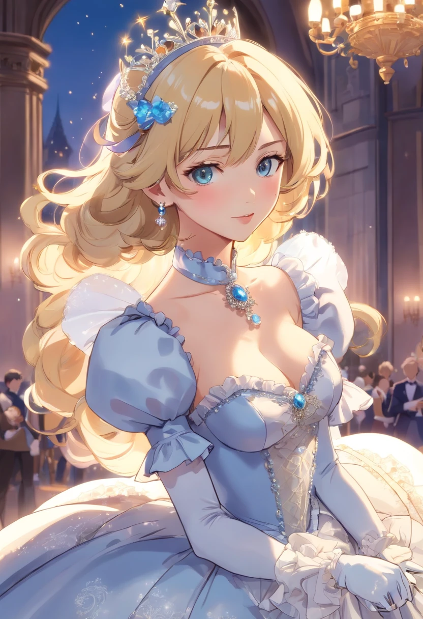 A stunningly beautiful blonde fairytale Princess Greer Grammer shining with Royal Pomp and Regal Splendor, wearing a Stately and (((Elaborate))) Royal Cinderella Ballgown of Silver and White Brocade, with (((enormous puffed sleeves))) a stiffly boned, padded and corseted bodice, an hourglass waist, a (((huge crinoline hoopskirt))) and (((bustle))), adorned with ribbons, bows, roses, lace, ruffles, frills, embroidery, and jewels, elaborately curled and styled hair, long white gloves, pearl and diamond necklace and earrings