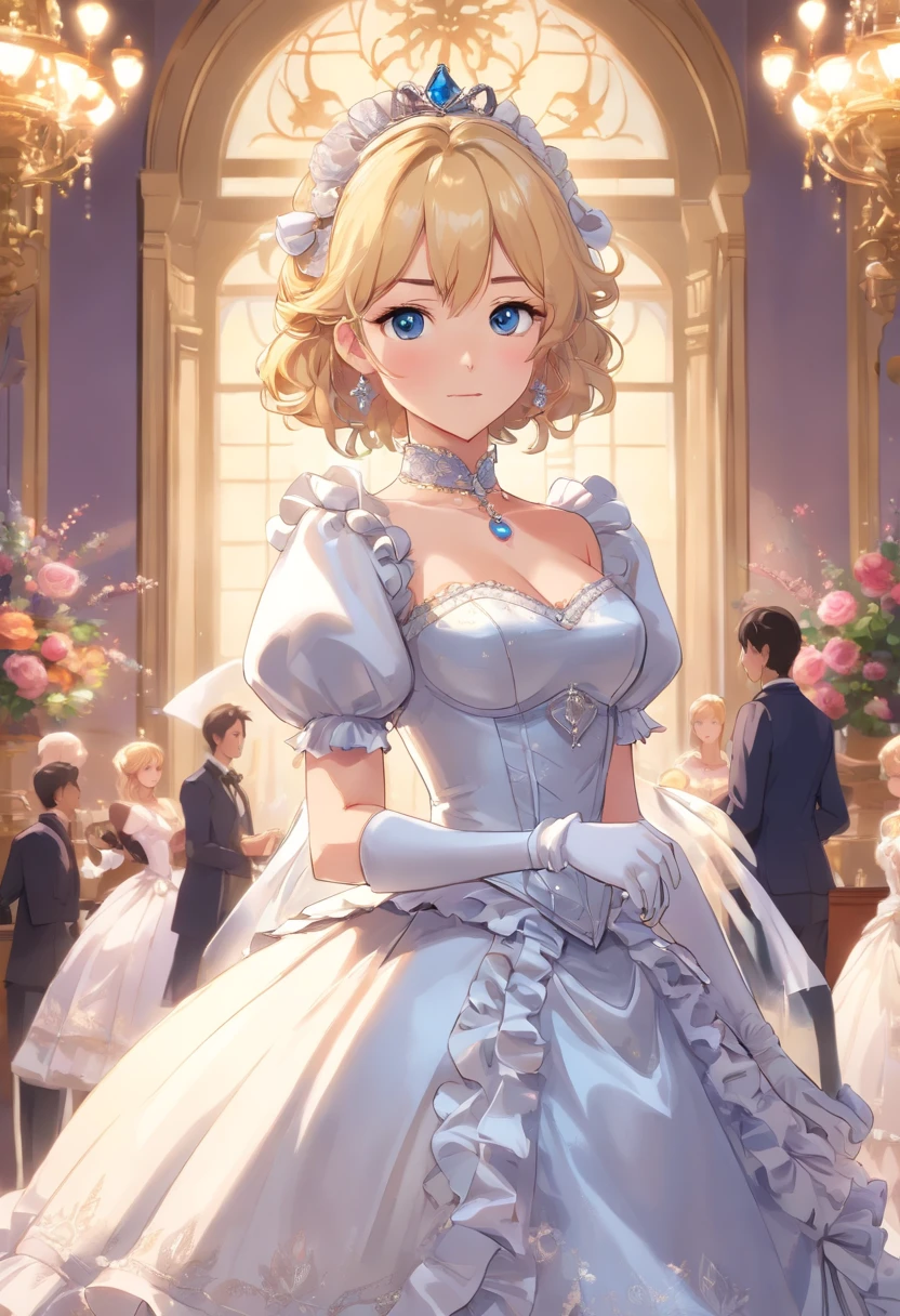 A stunningly beautiful blonde fairytale Princess Greer Grammer shining with Royal Pomp and Regal Splendor, wearing a Stately and (((Elaborate))) Royal Cinderella Ballgown of Silver and White Brocade, with (((enormous puffed sleeves))) a stiffly boned, padded and corseted bodice, an hourglass waist, a (((huge crinoline hoopskirt))) and (((bustle))), adorned with ribbons, bows, roses, lace, ruffles, frills, embroidery, and jewels, elaborately curled and styled hair, long white gloves, pearl and diamond necklace and earrings